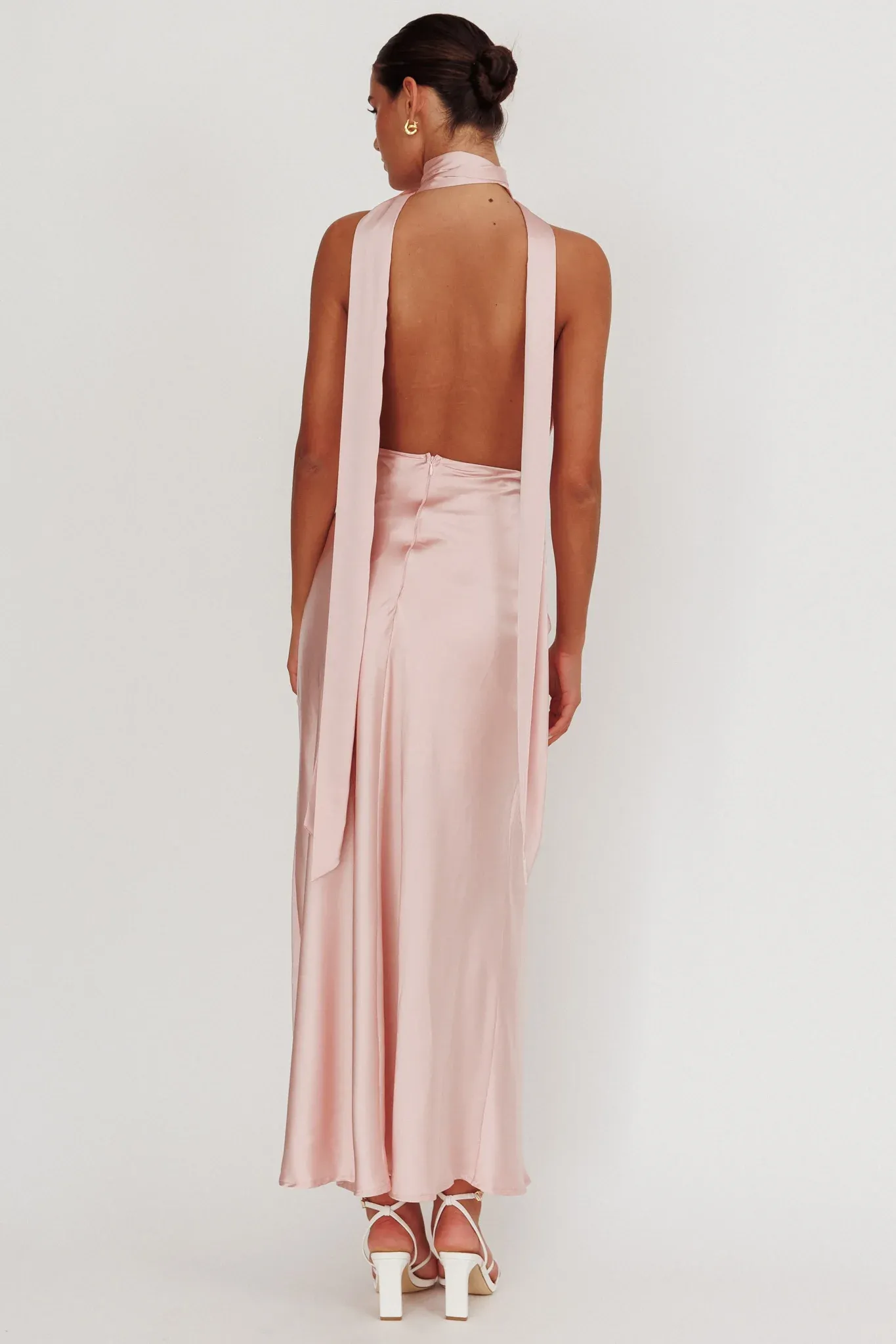 Italia Azure Halterneck Rosette Maxi Dress Blush