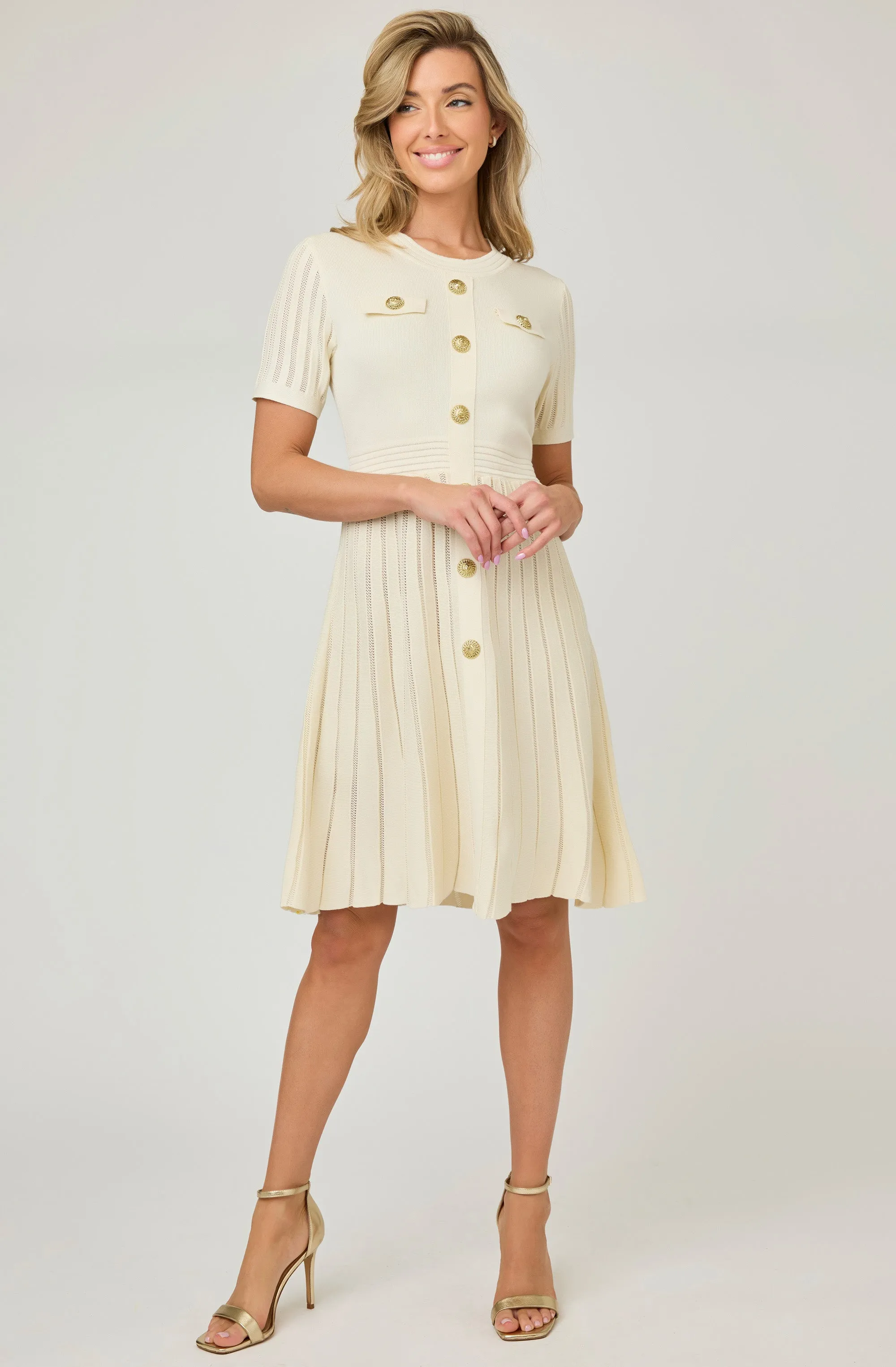 Knit Short Sleeve Dress with Gold Buttons