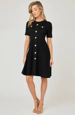 Knit Short Sleeve Dress with Gold Buttons