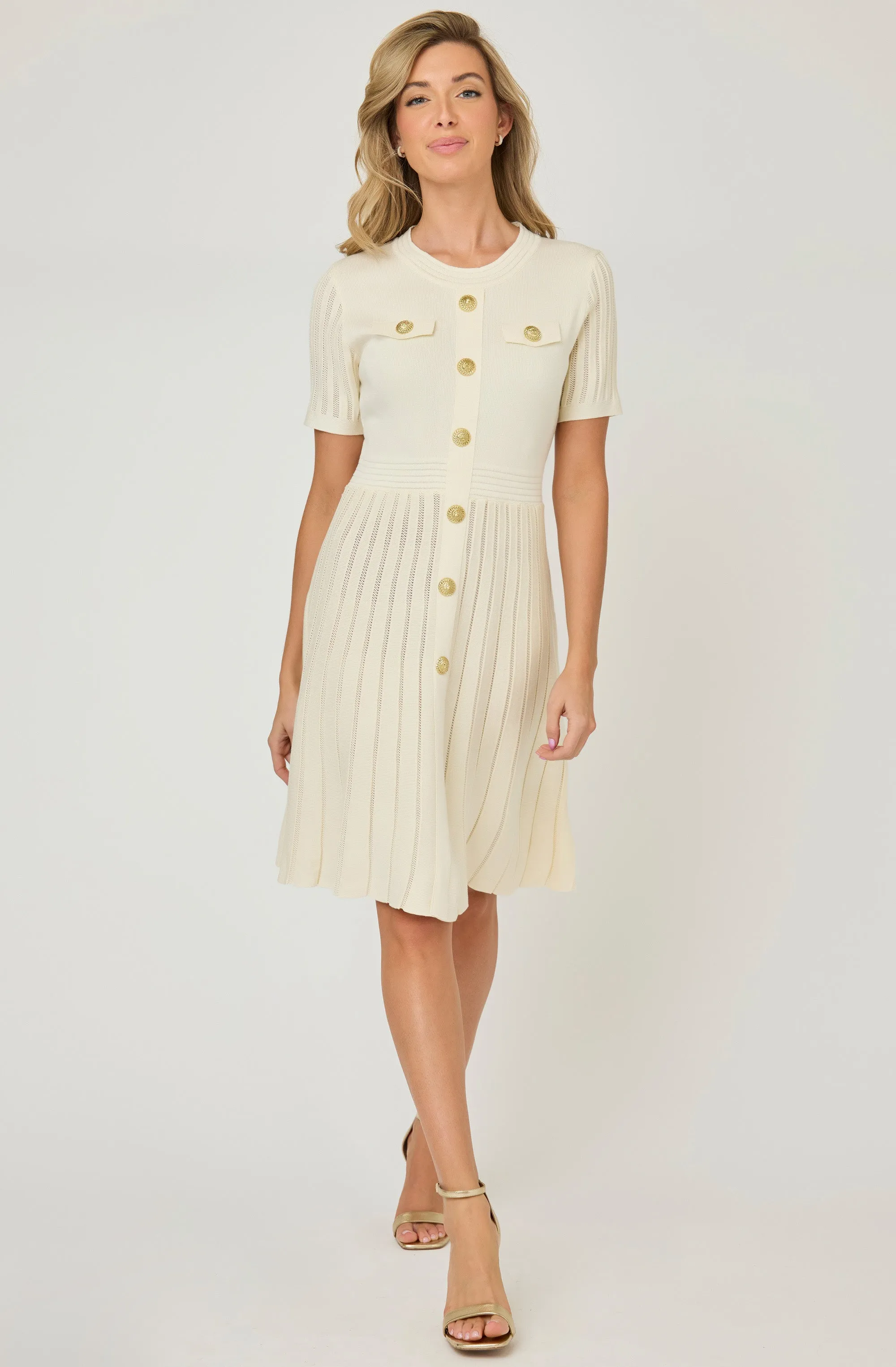 Knit Short Sleeve Dress with Gold Buttons