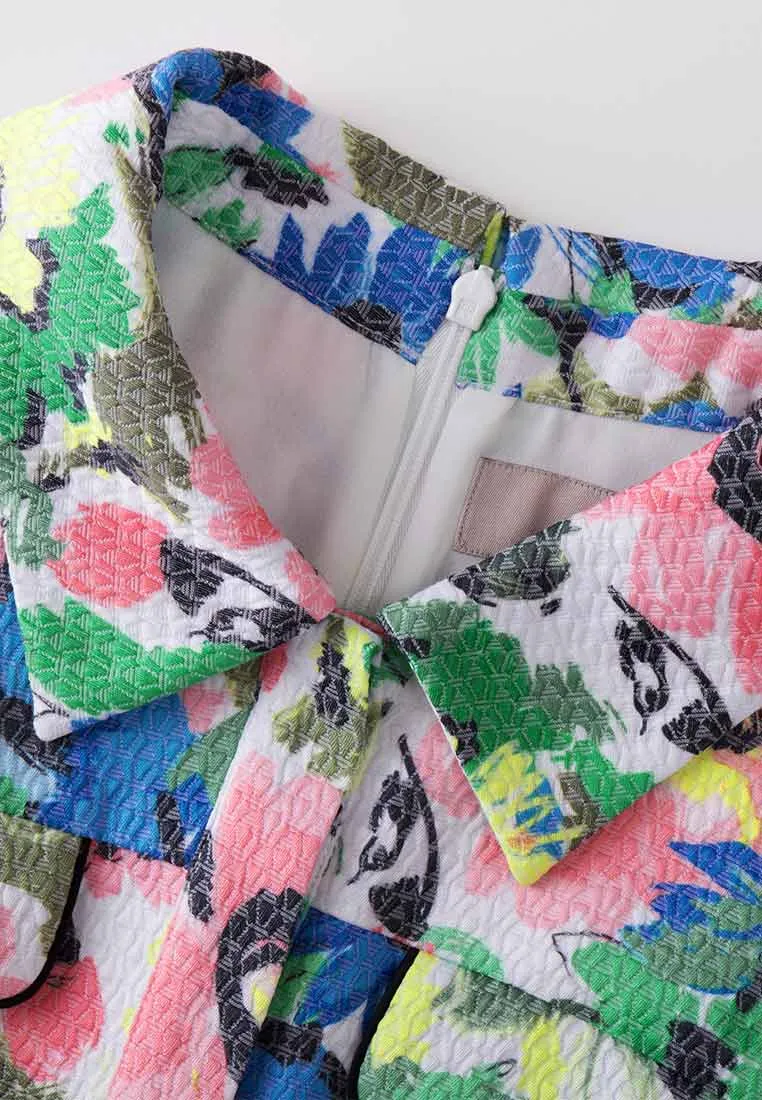 Lapel Short Sleeve Floral Pattern Jacquard Dress