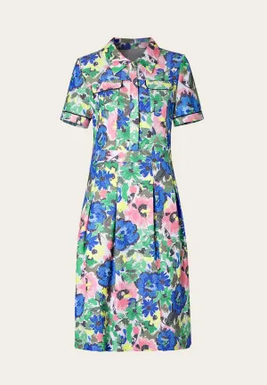 Lapel Short Sleeve Floral Pattern Jacquard Dress