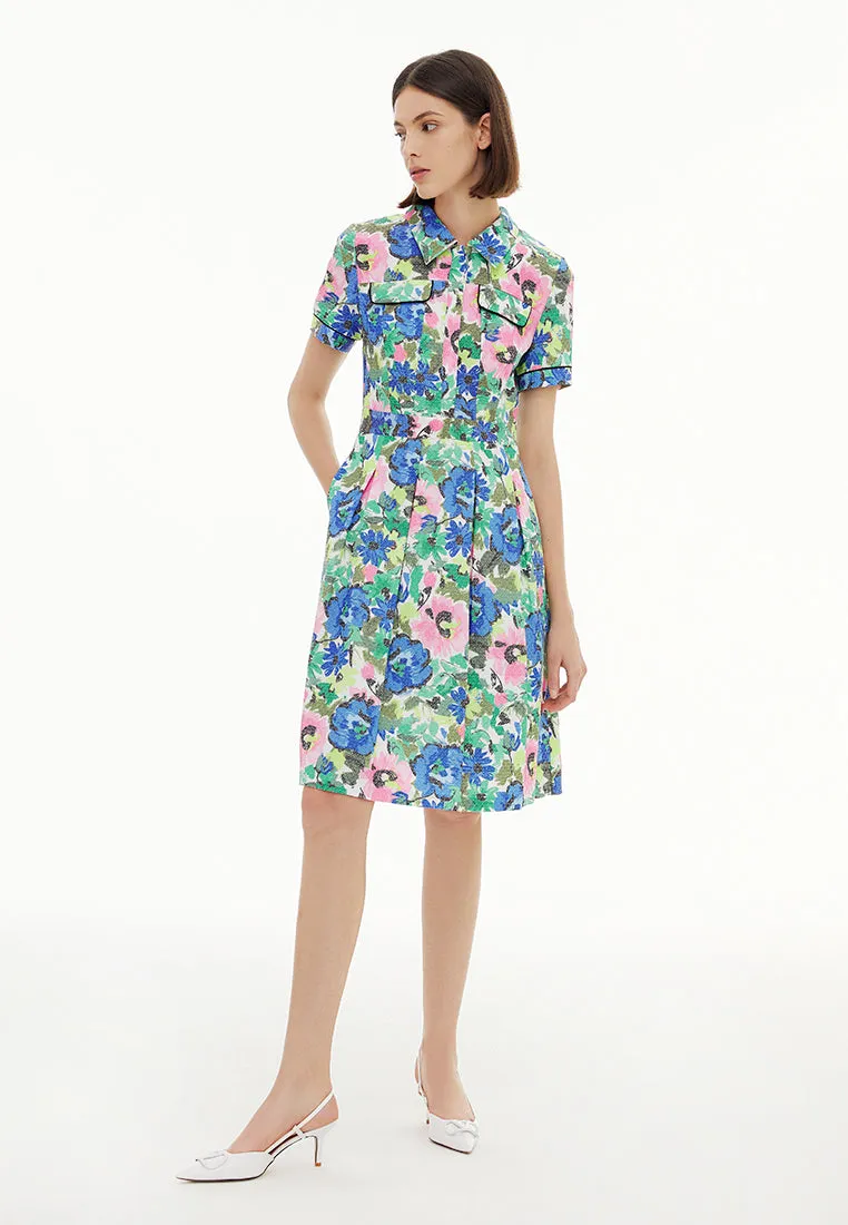 Lapel Short Sleeve Floral Pattern Jacquard Dress