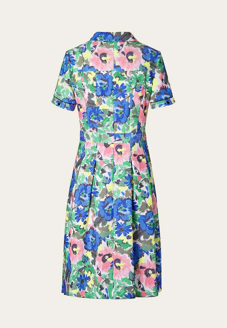 Lapel Short Sleeve Floral Pattern Jacquard Dress