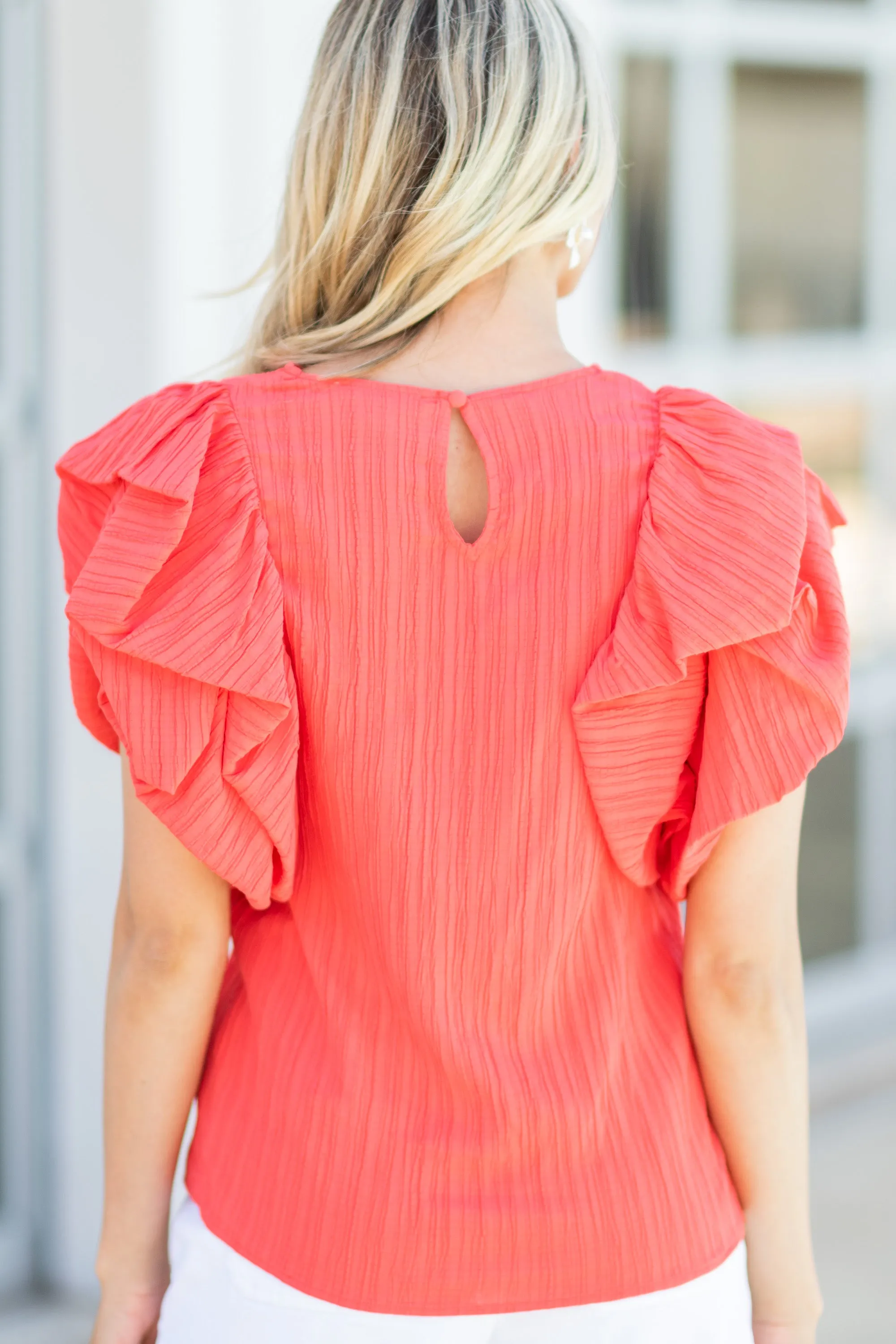 Look At Her Coral Orange Ruffled Blouse