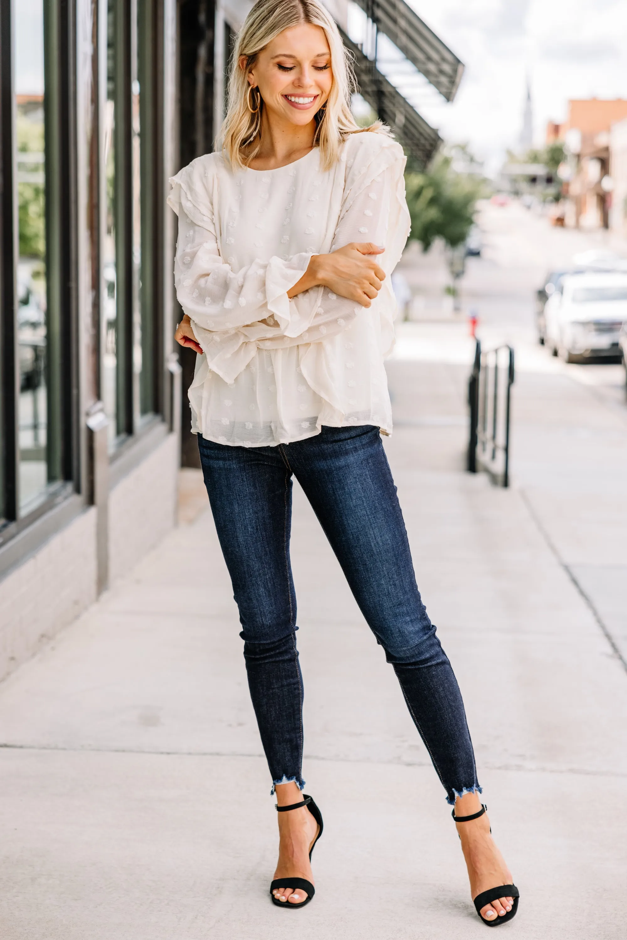 Look Your Way Cream White Swiss Dot Blouse