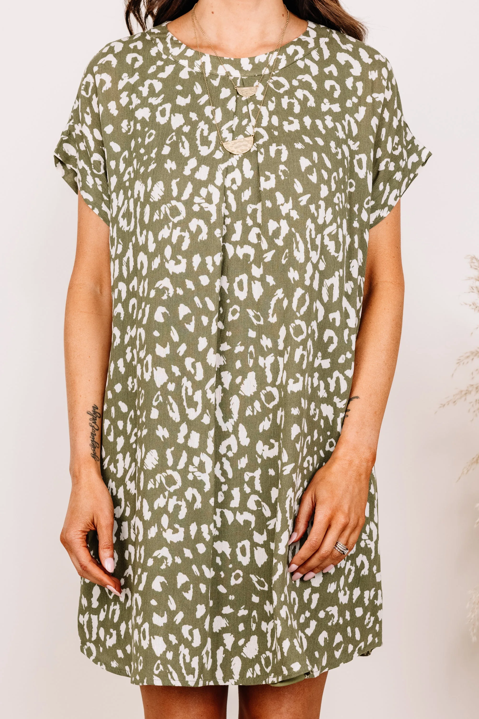 Looking Forward Olive Green Leopard Shift Dress