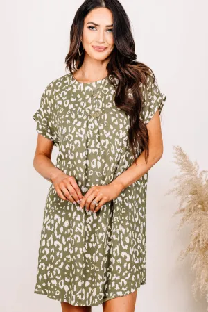 Looking Forward Olive Green Leopard Shift Dress