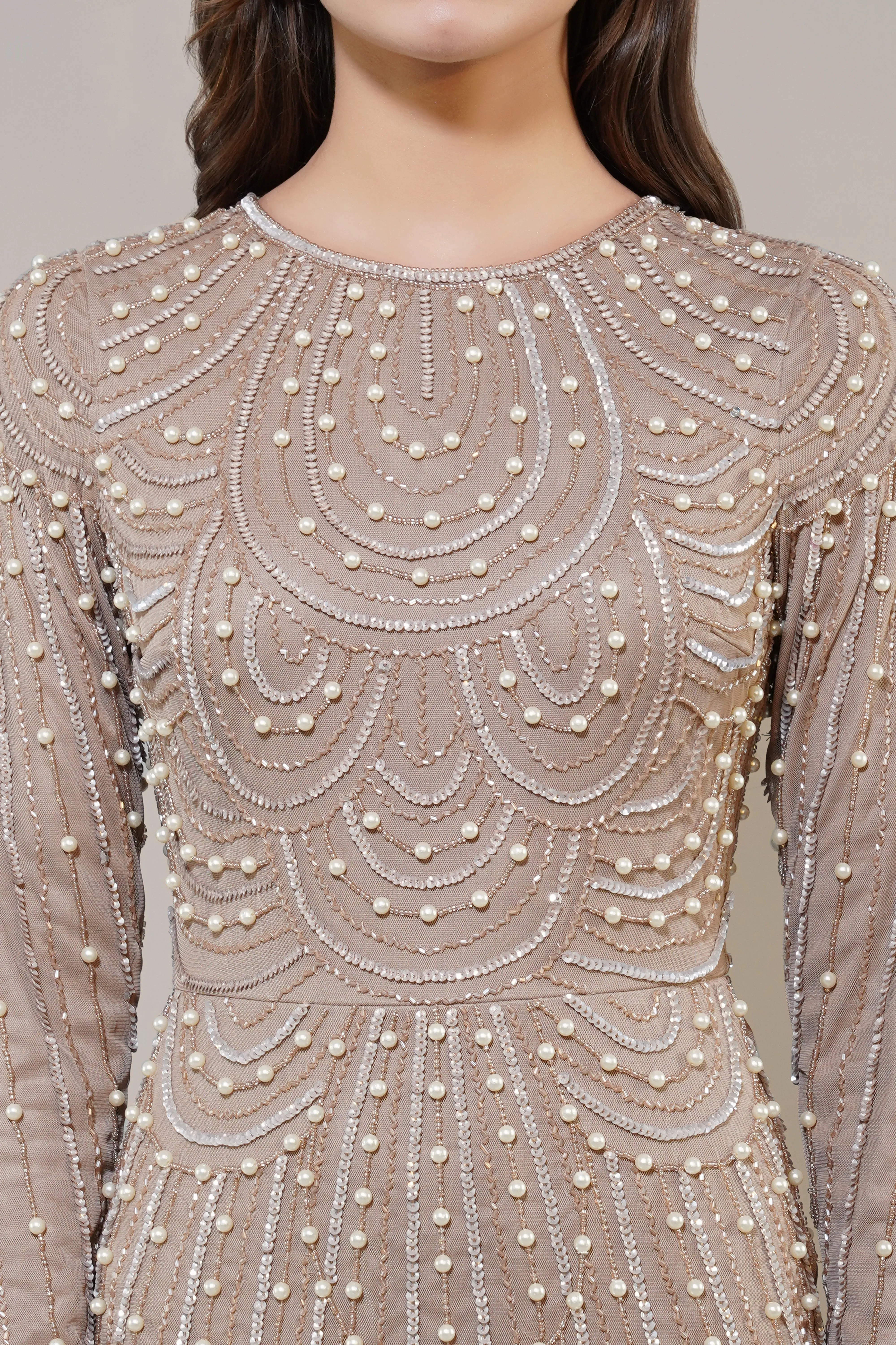 Mabel Embellished Maxi Dress in Taupe