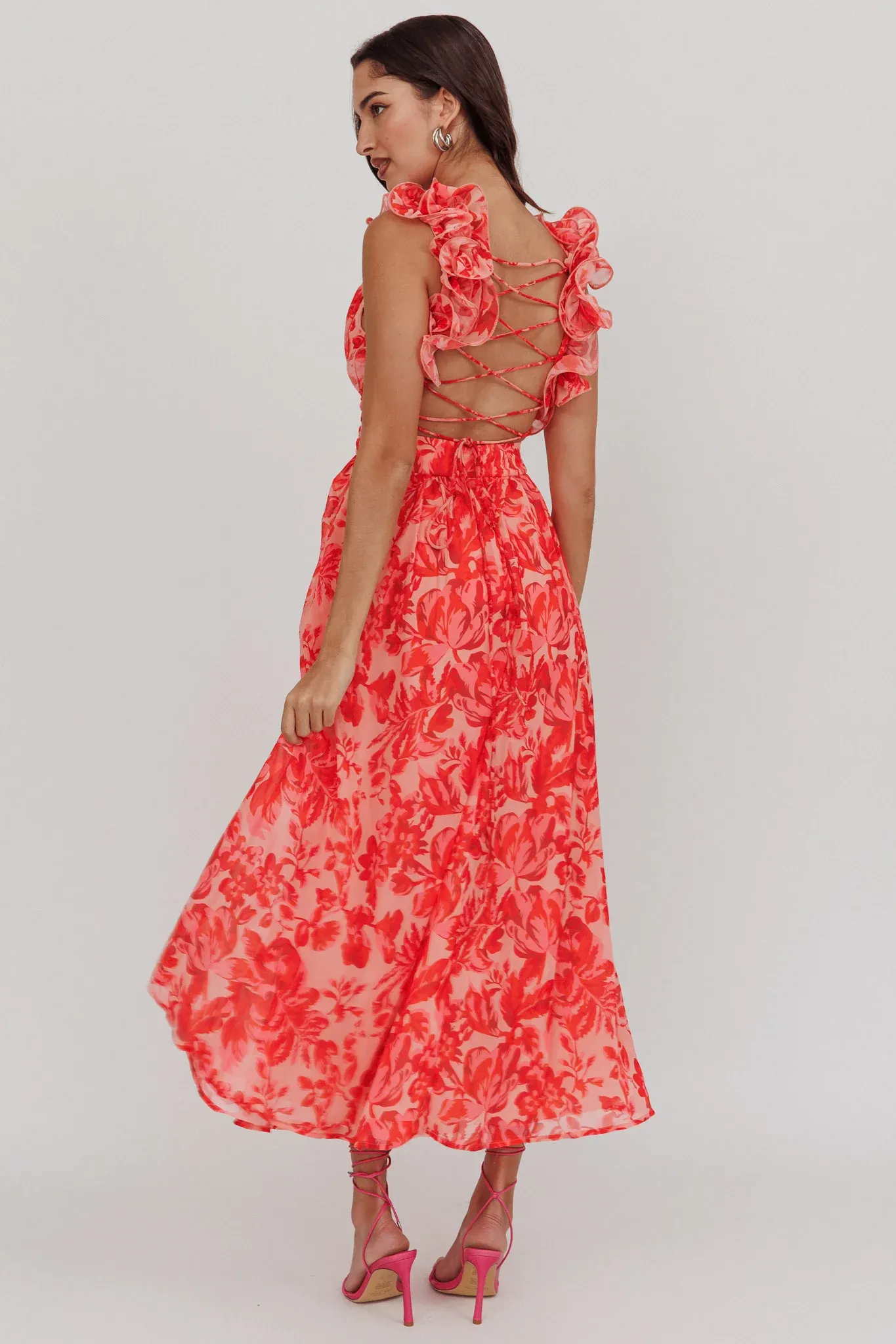 Madara Lace-Up Back Maxi Dress Floral Red