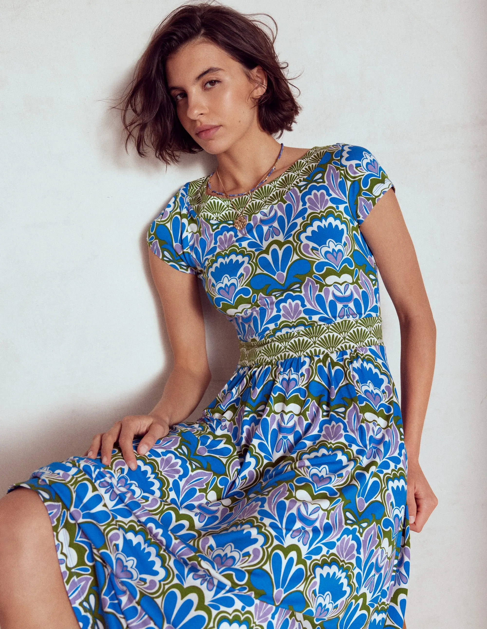 Melanie Jersey Midi Dress-Kingfisher Blue. Freesia Stamp