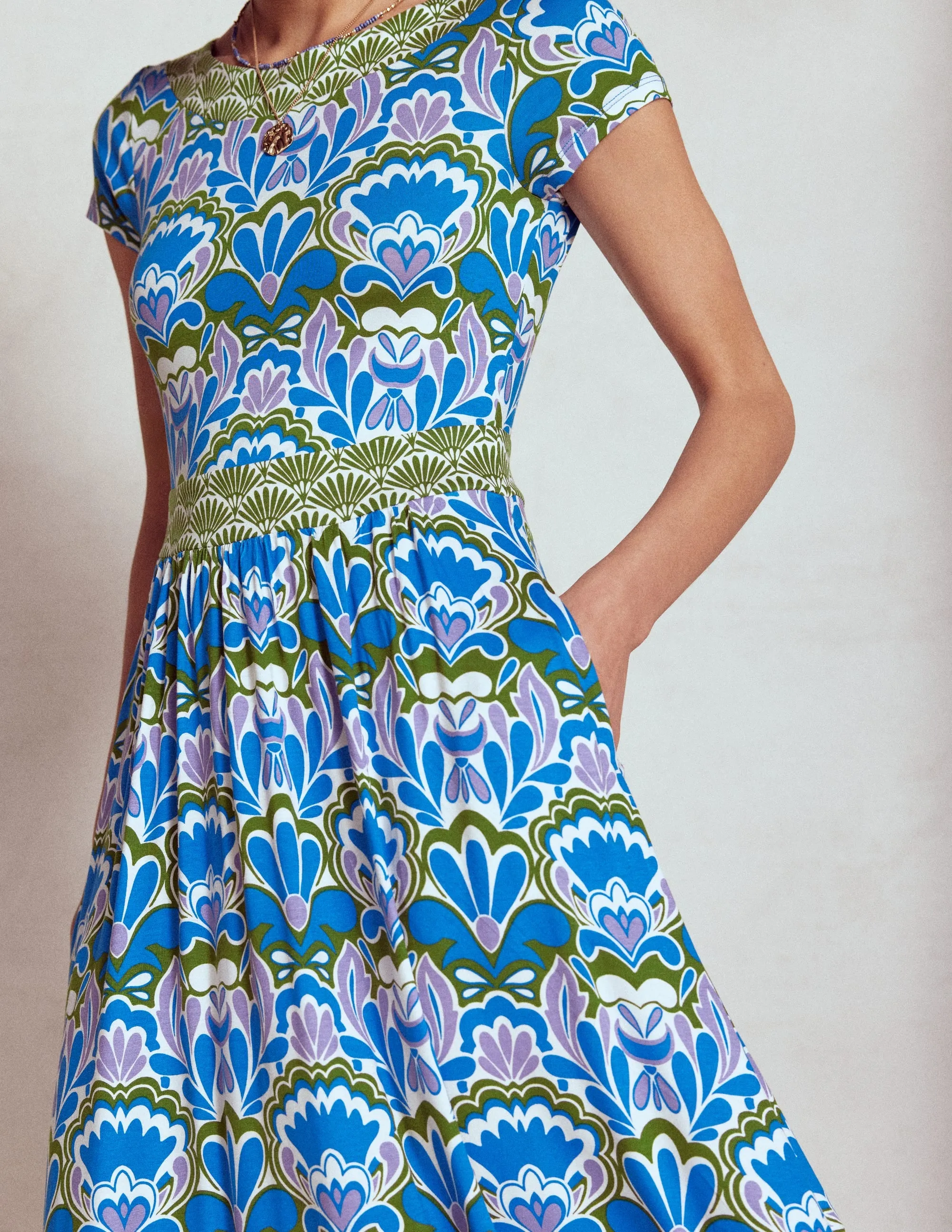 Melanie Jersey Midi Dress-Kingfisher Blue. Freesia Stamp