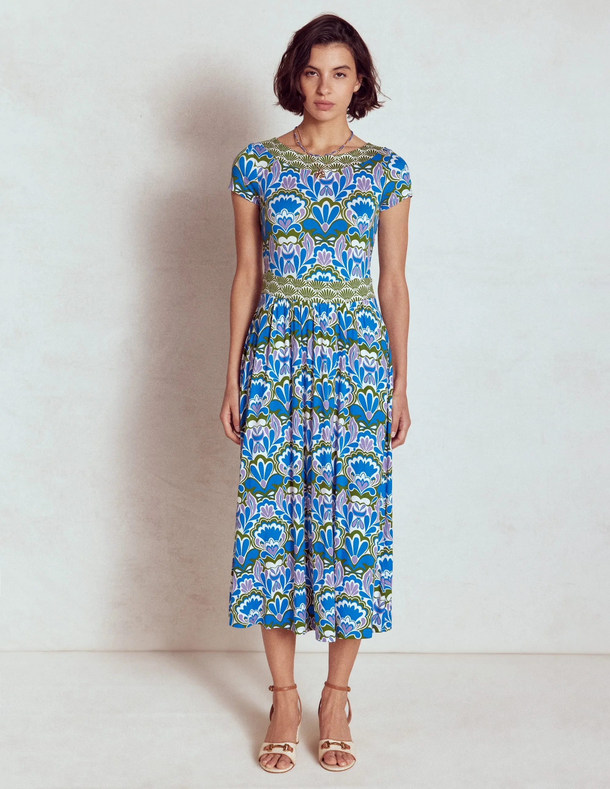 Melanie Jersey Midi Dress-Kingfisher Blue. Freesia Stamp