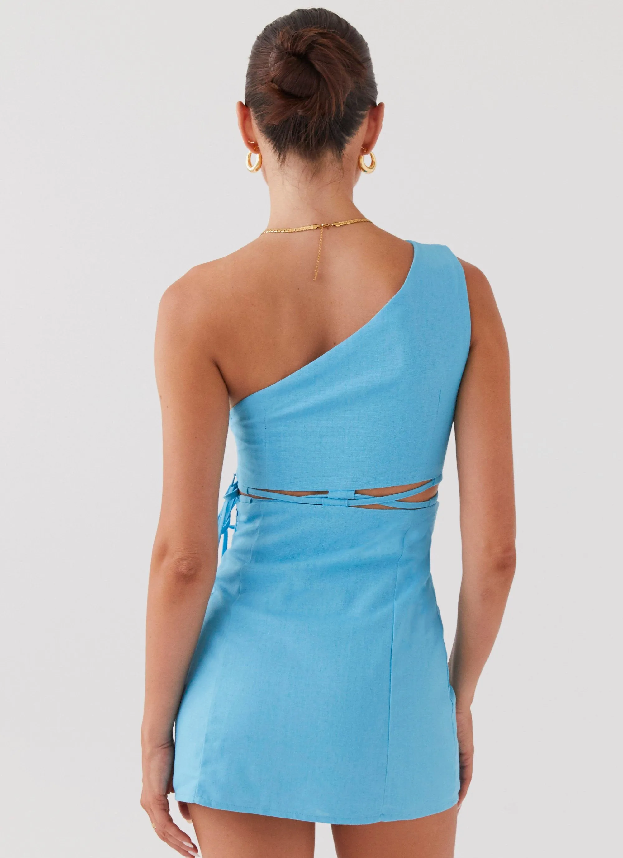 Memini One Shoulder Linen Mini Dress - Azure