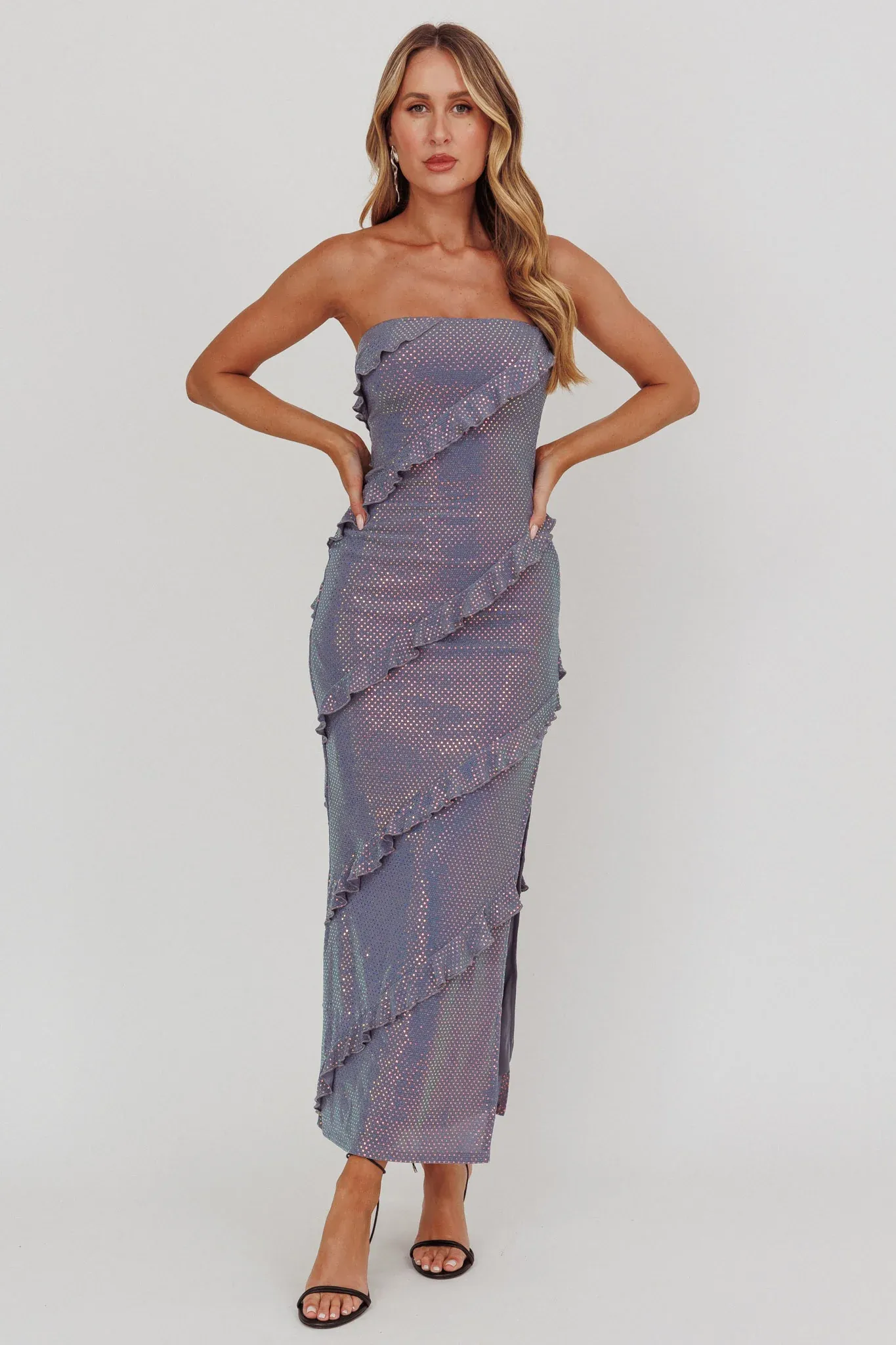 Metrics Strapless Frill Maxi Dress Blue