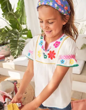 Multi Embroidered Top-Ivory Flowers