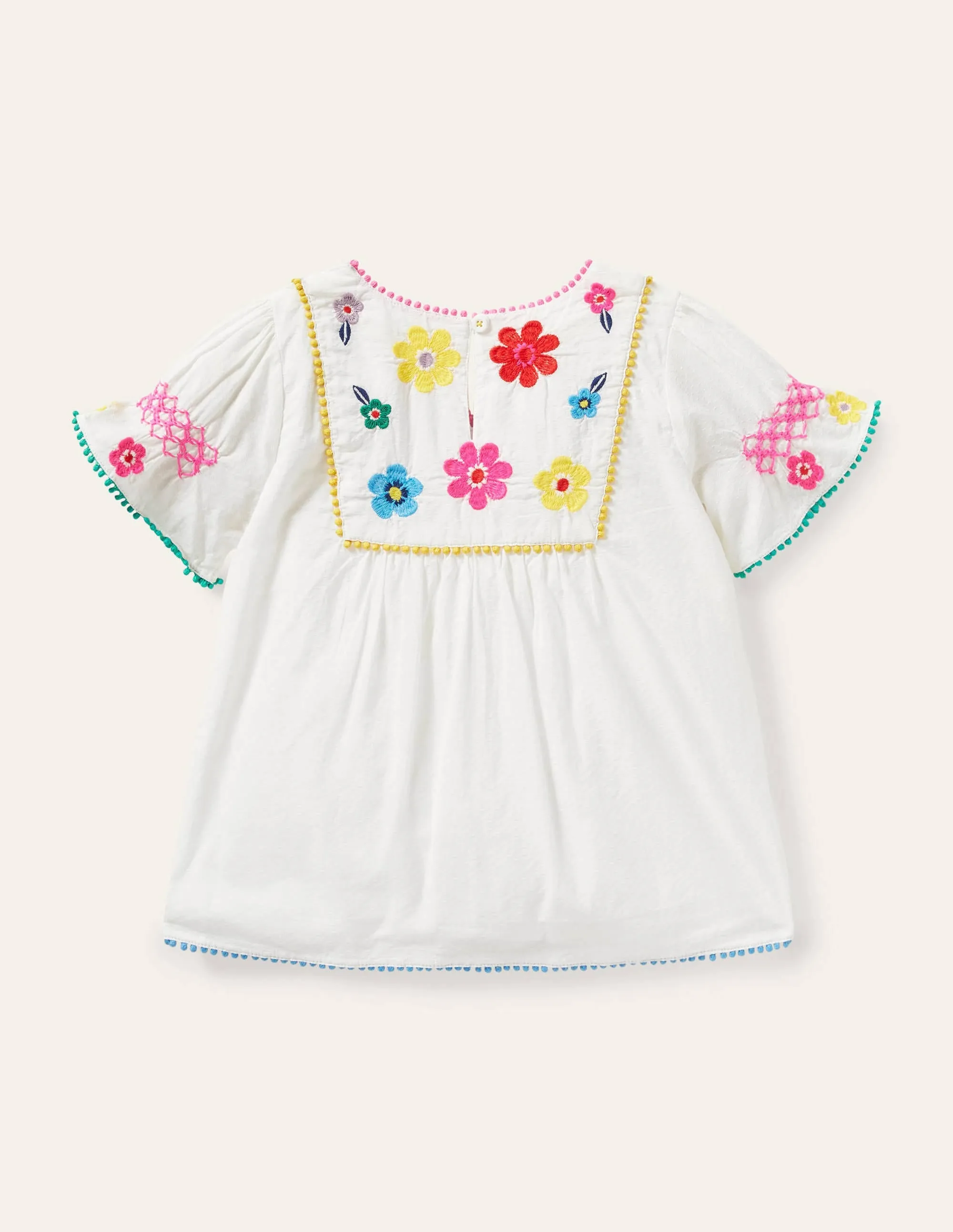 Multi Embroidered Top-Ivory Flowers