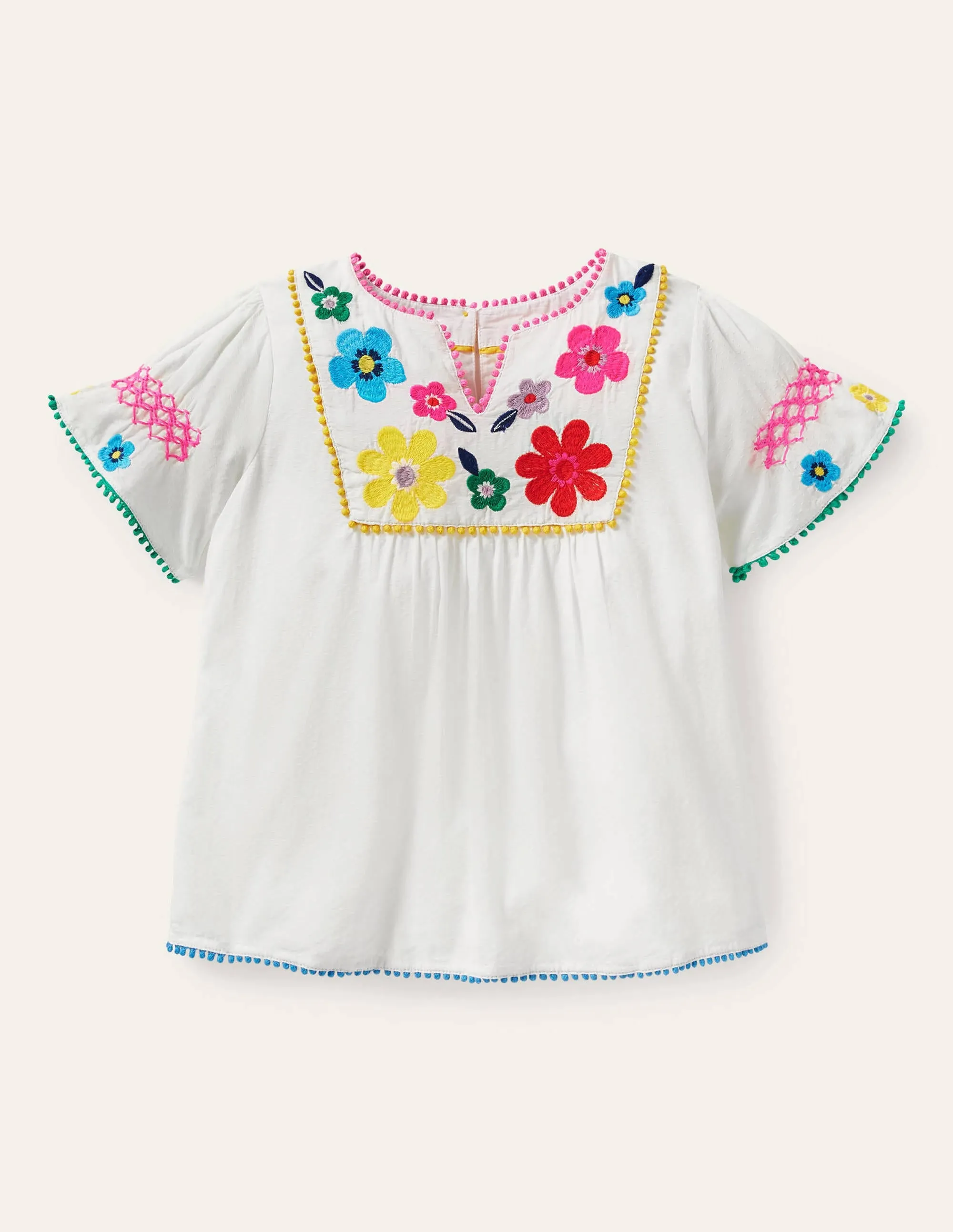 Multi Embroidered Top-Ivory Flowers