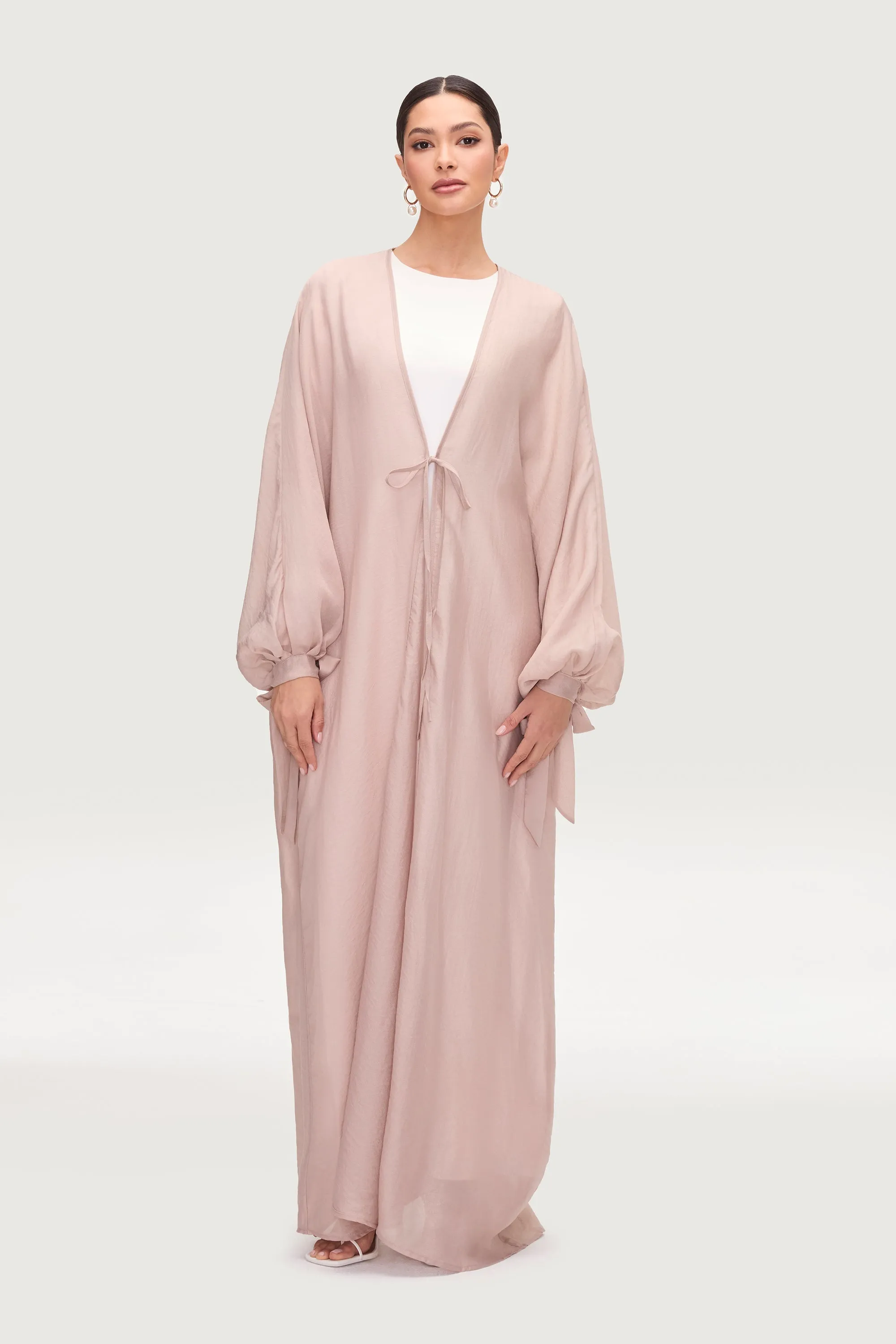 Naima Tie Front Open Abaya - Pink Pearl