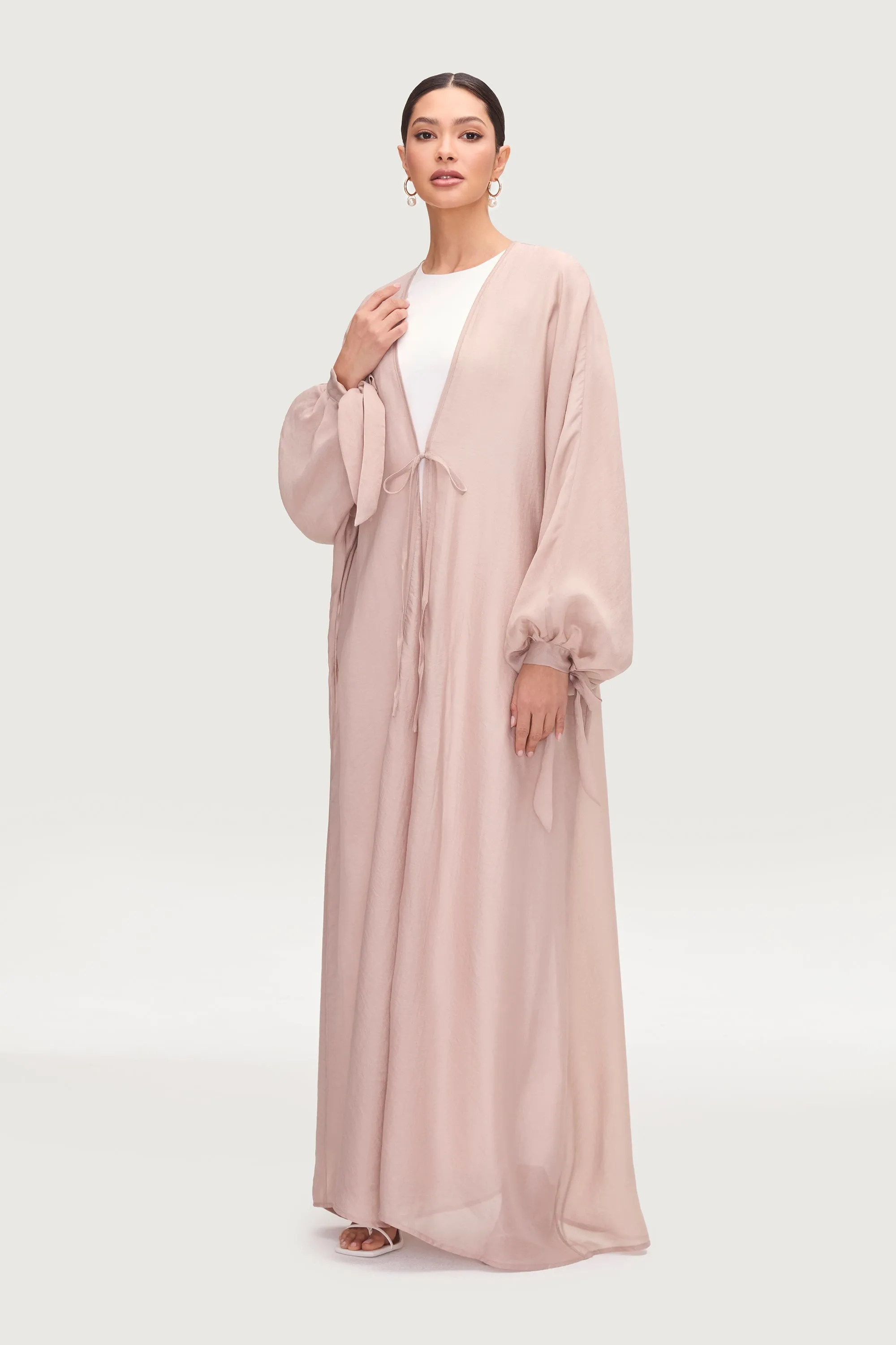 Naima Tie Front Open Abaya - Pink Pearl