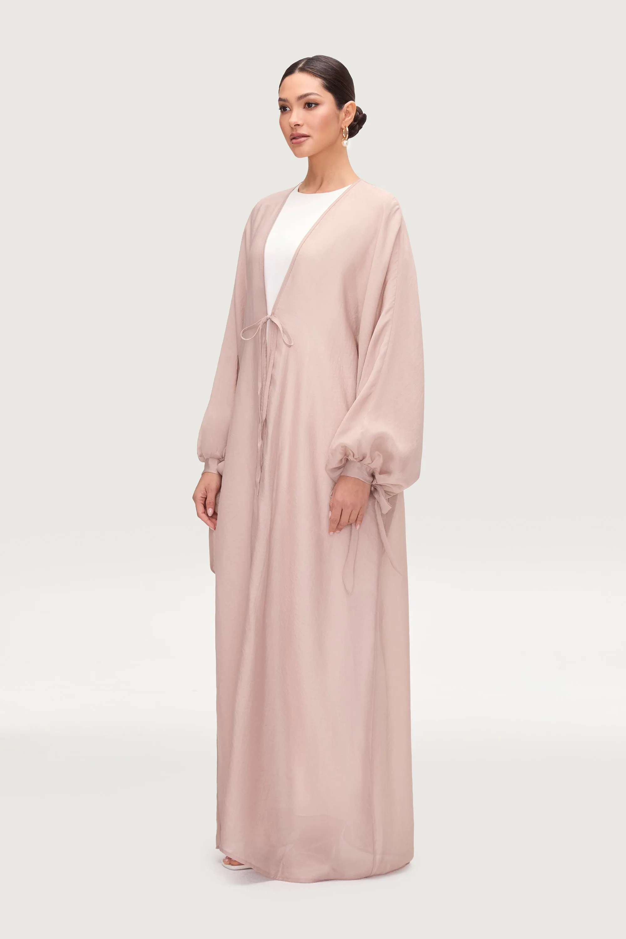 Naima Tie Front Open Abaya - Pink Pearl