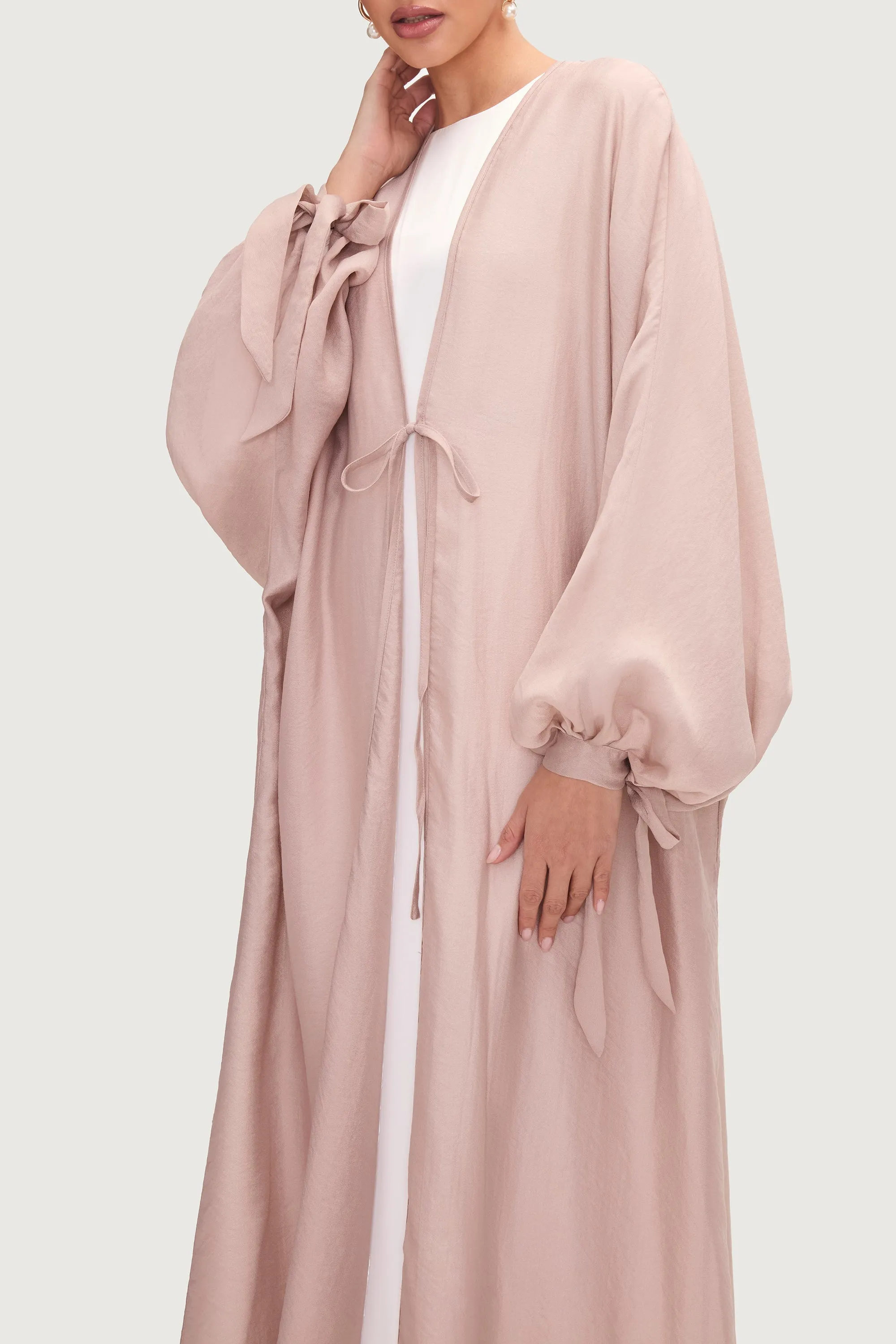 Naima Tie Front Open Abaya - Pink Pearl