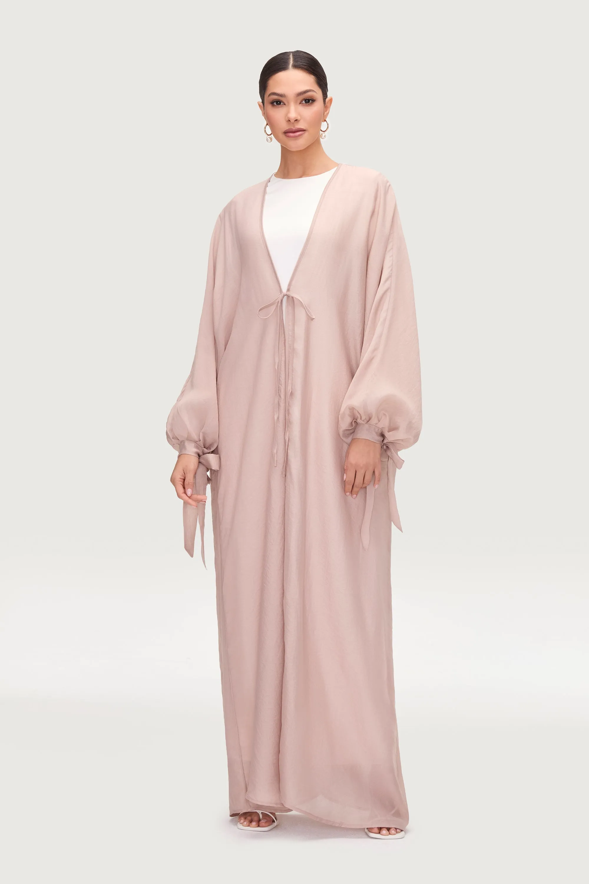 Naima Tie Front Open Abaya - Pink Pearl