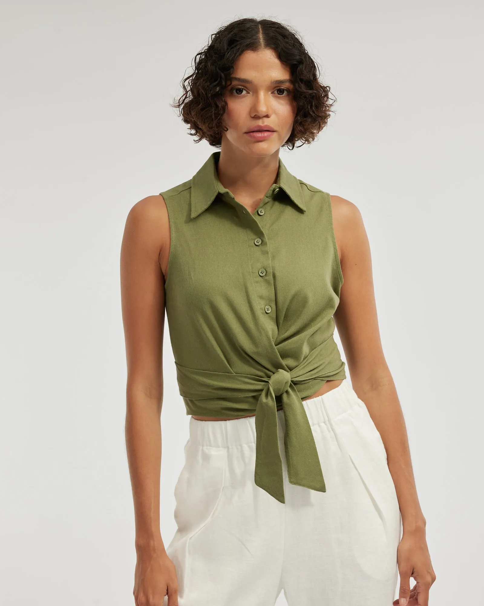 Naomi Wrap Crop Shirt - Olive