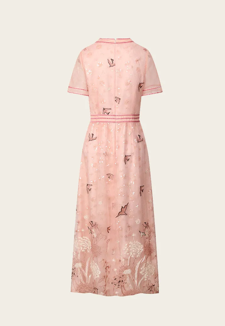 Nature V-neck Pink Organza Short Sleeve Dress