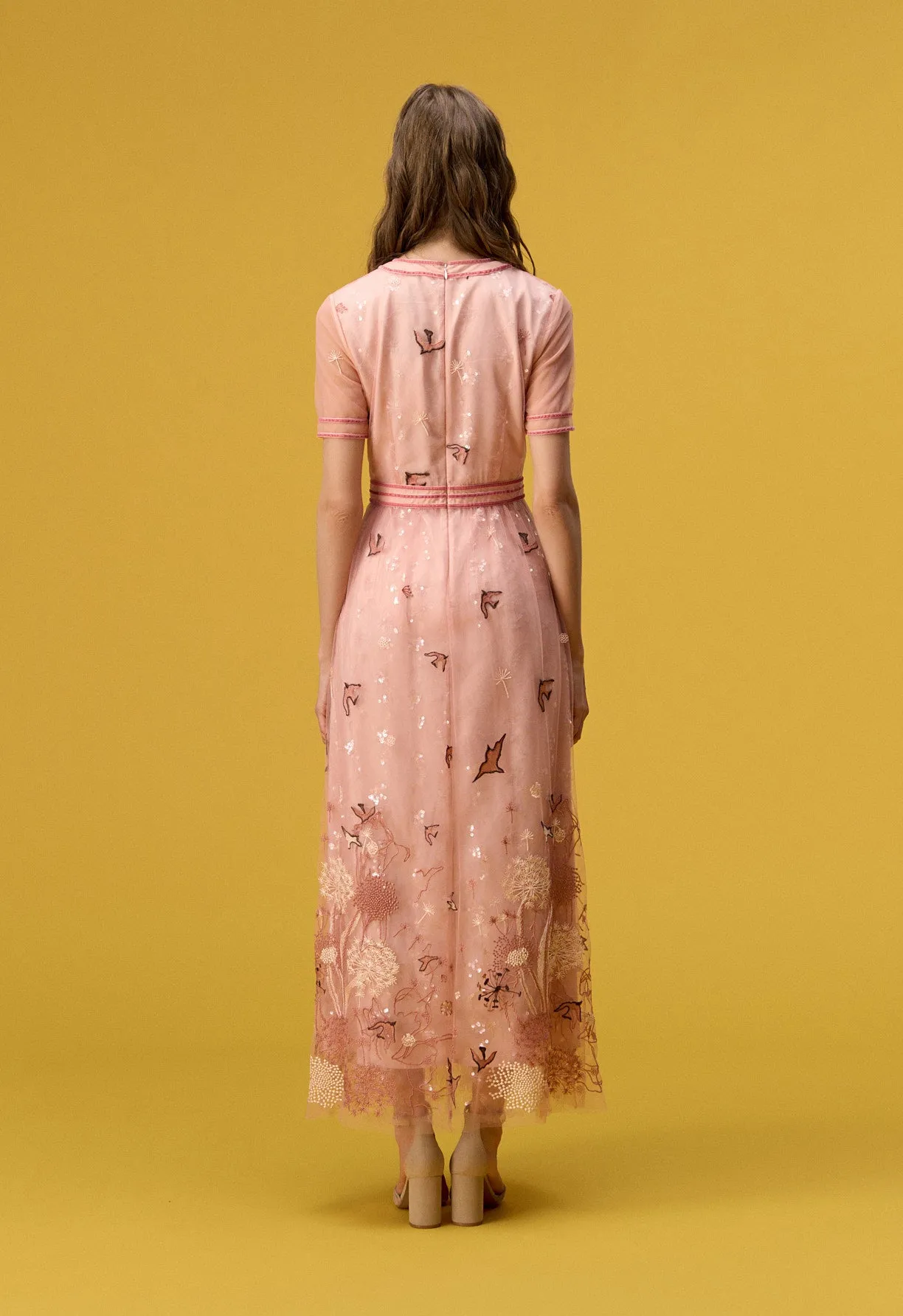 Nature V-neck Pink Organza Short Sleeve Dress