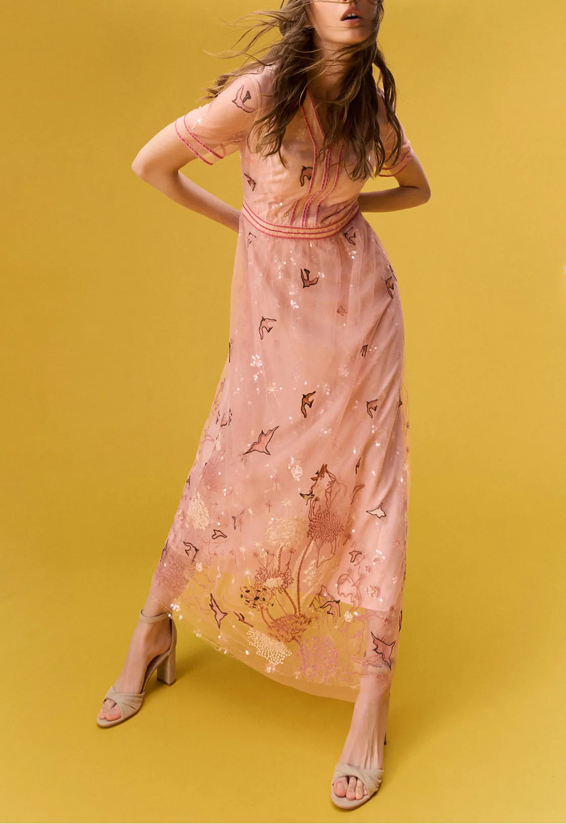 Nature V-neck Pink Organza Short Sleeve Dress