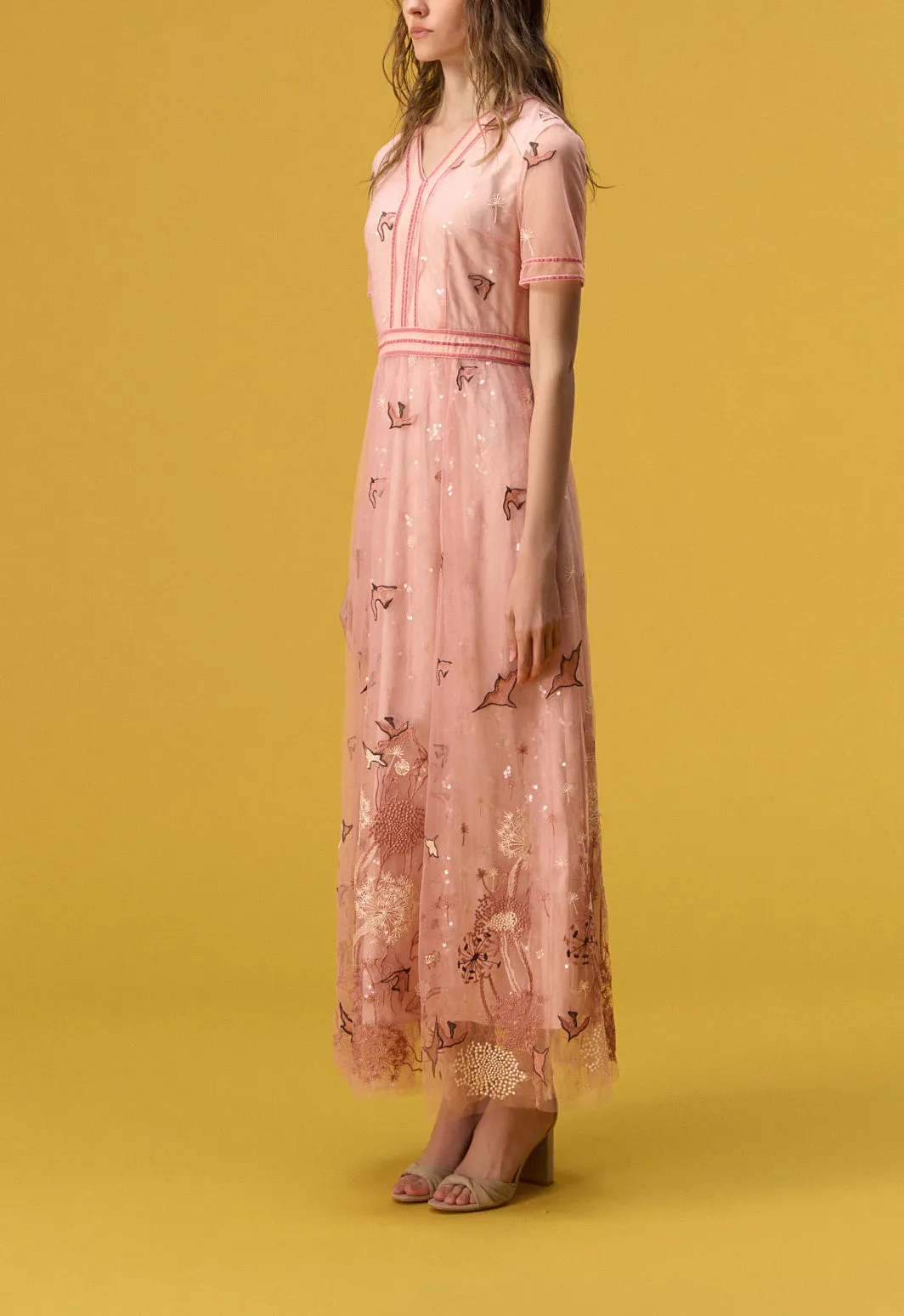 Nature V-neck Pink Organza Short Sleeve Dress