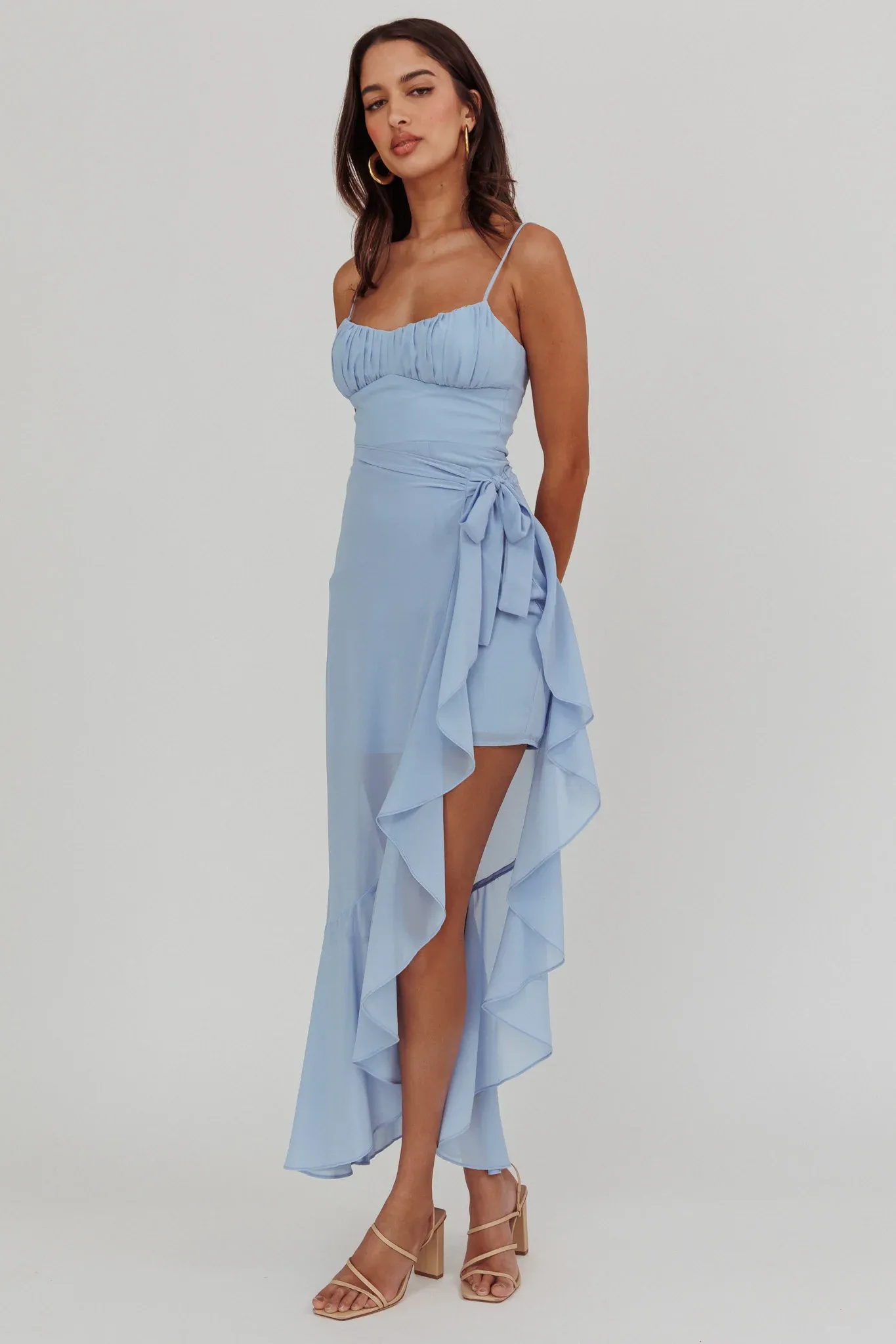 Nerida Waist Tie Asymmetric Dress Steel Blue