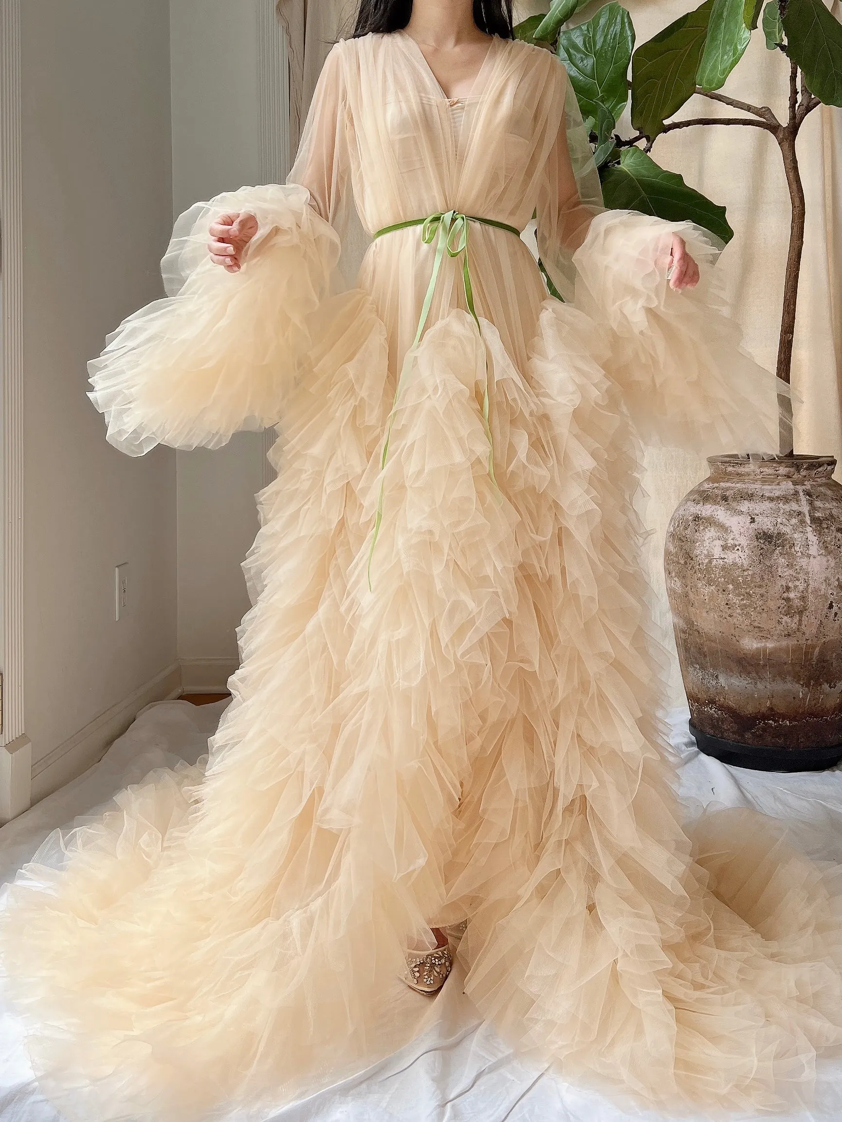 Nude Tulle Robe Dressing Robe - OSFM