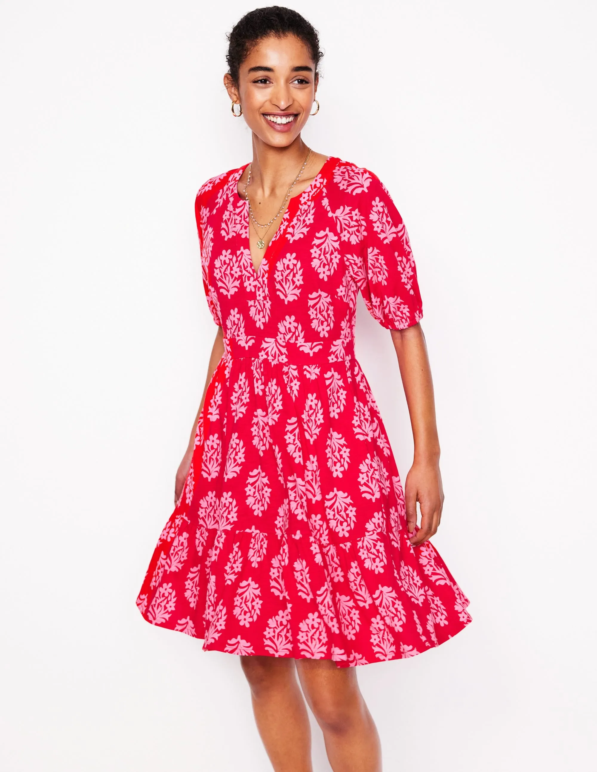Piper Short Jersey Dress-Poppy Red. Posy Stamp