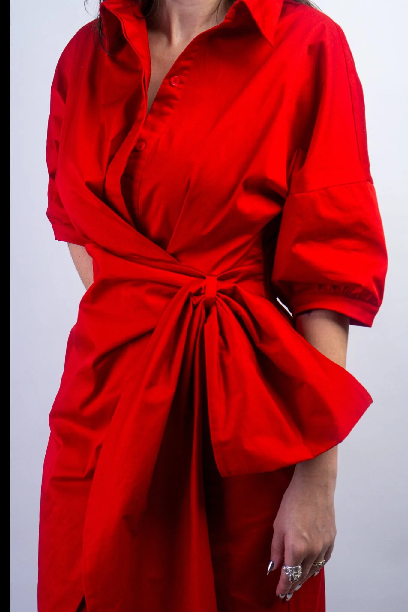 Red Cotton Side Tie Shirt Dress