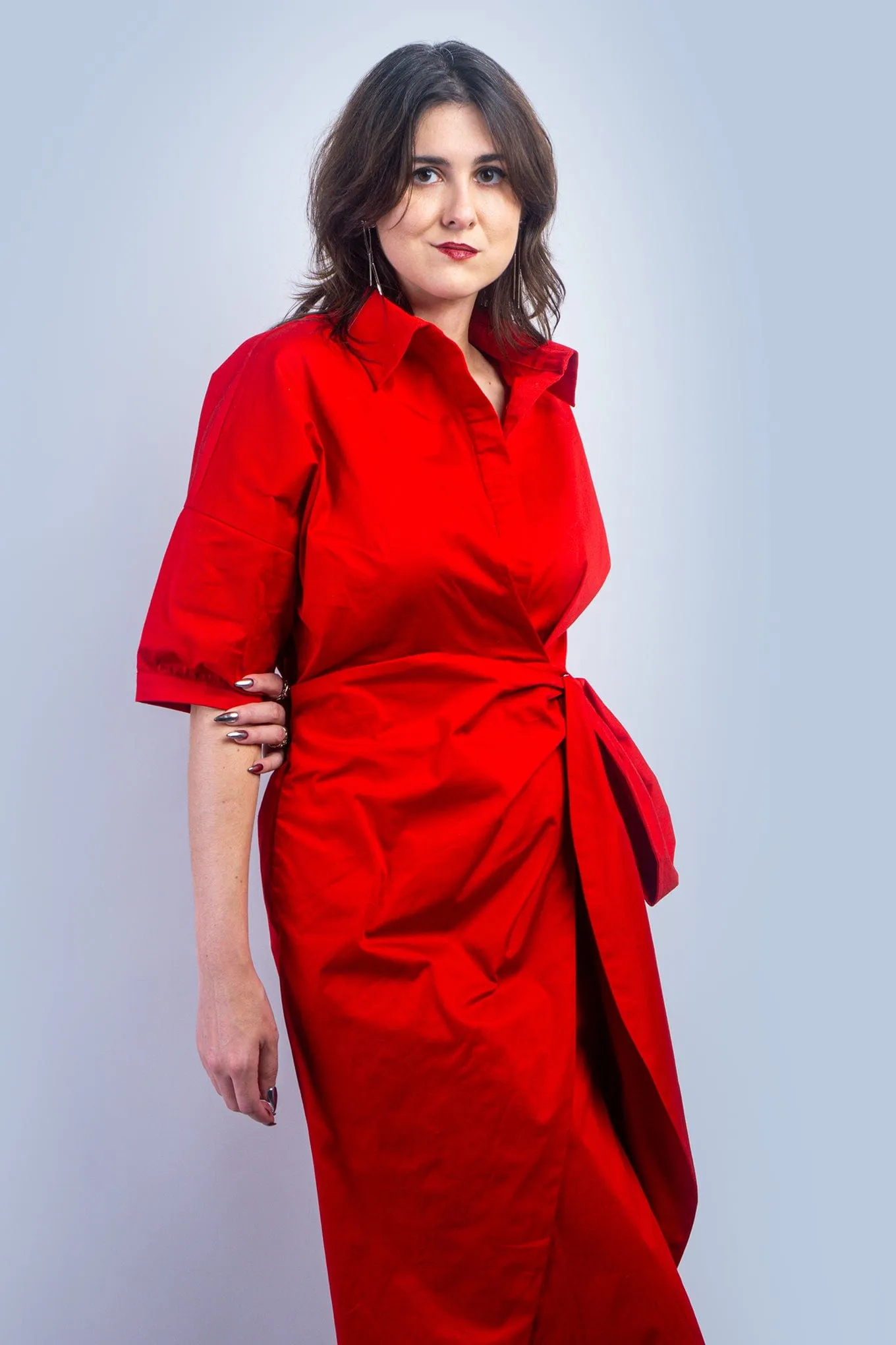 Red Cotton Side Tie Shirt Dress