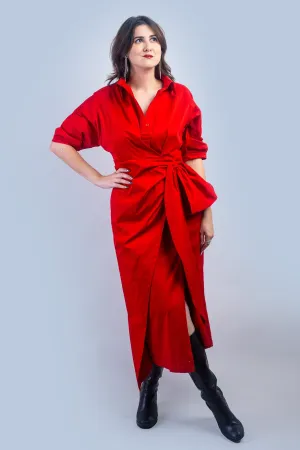 Red Cotton Side Tie Shirt Dress