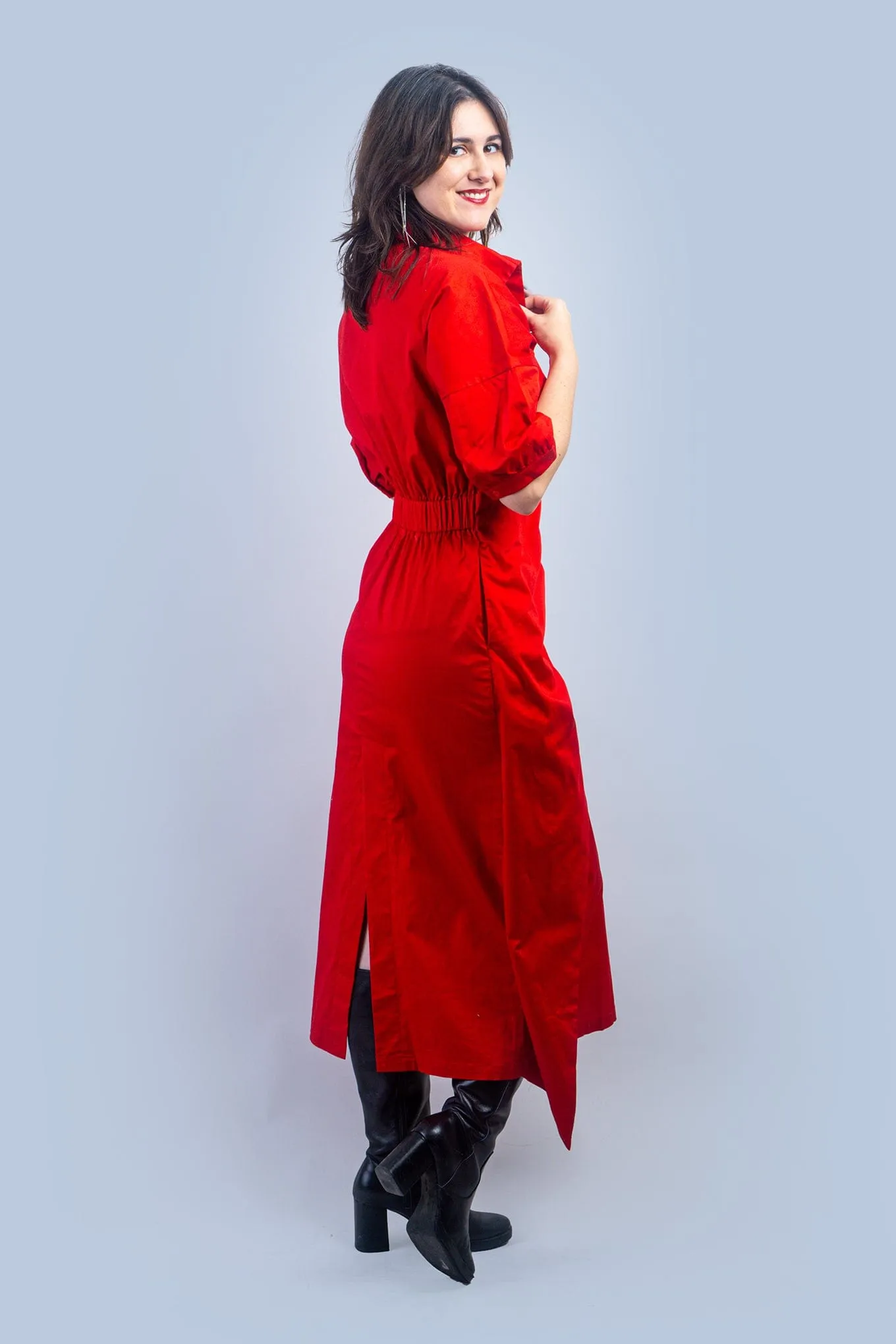 Red Cotton Side Tie Shirt Dress