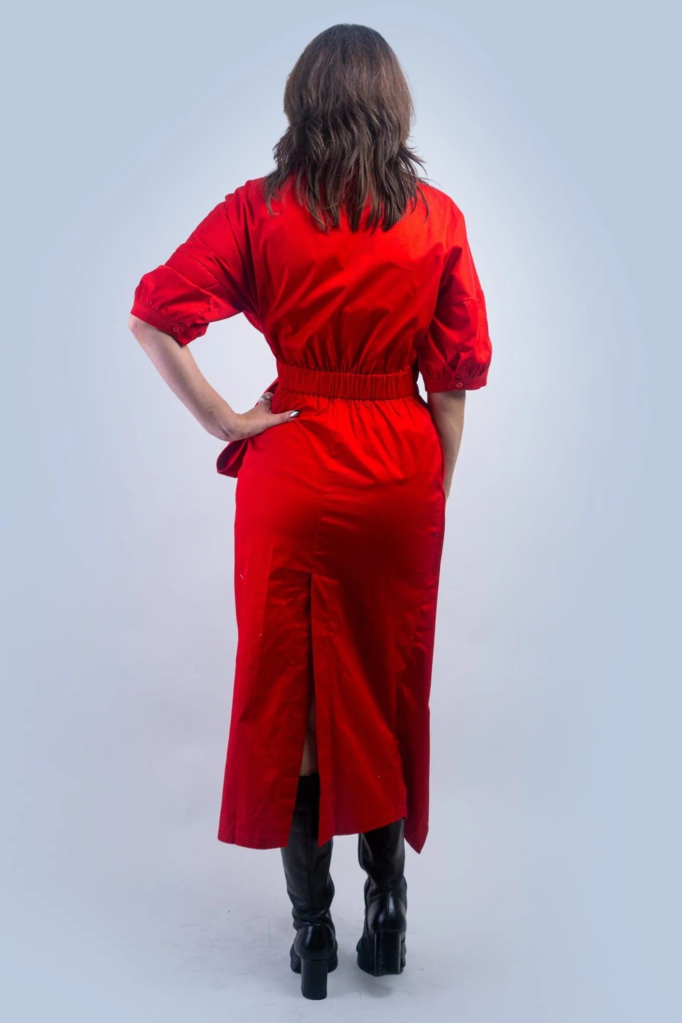 Red Cotton Side Tie Shirt Dress