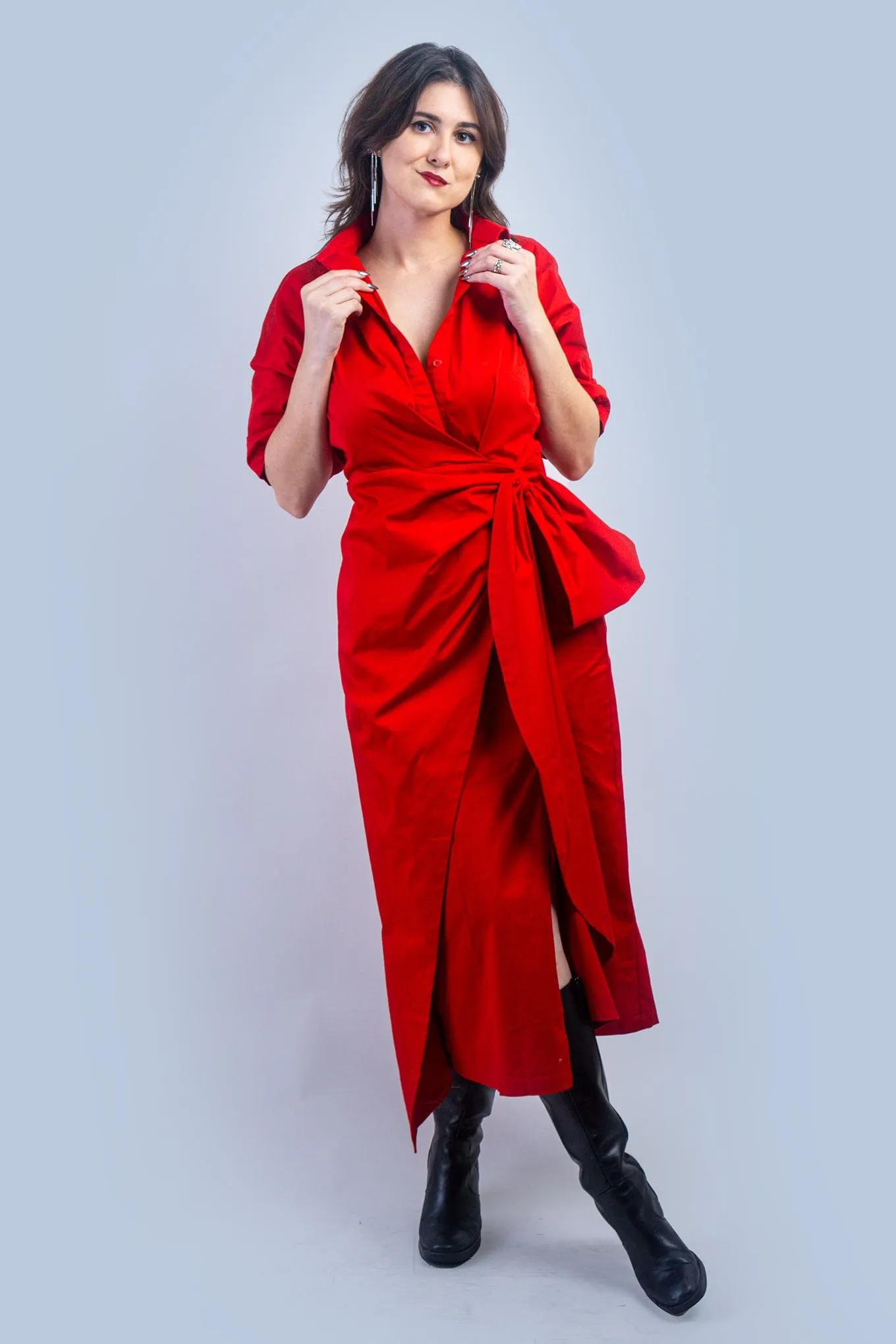 Red Cotton Side Tie Shirt Dress