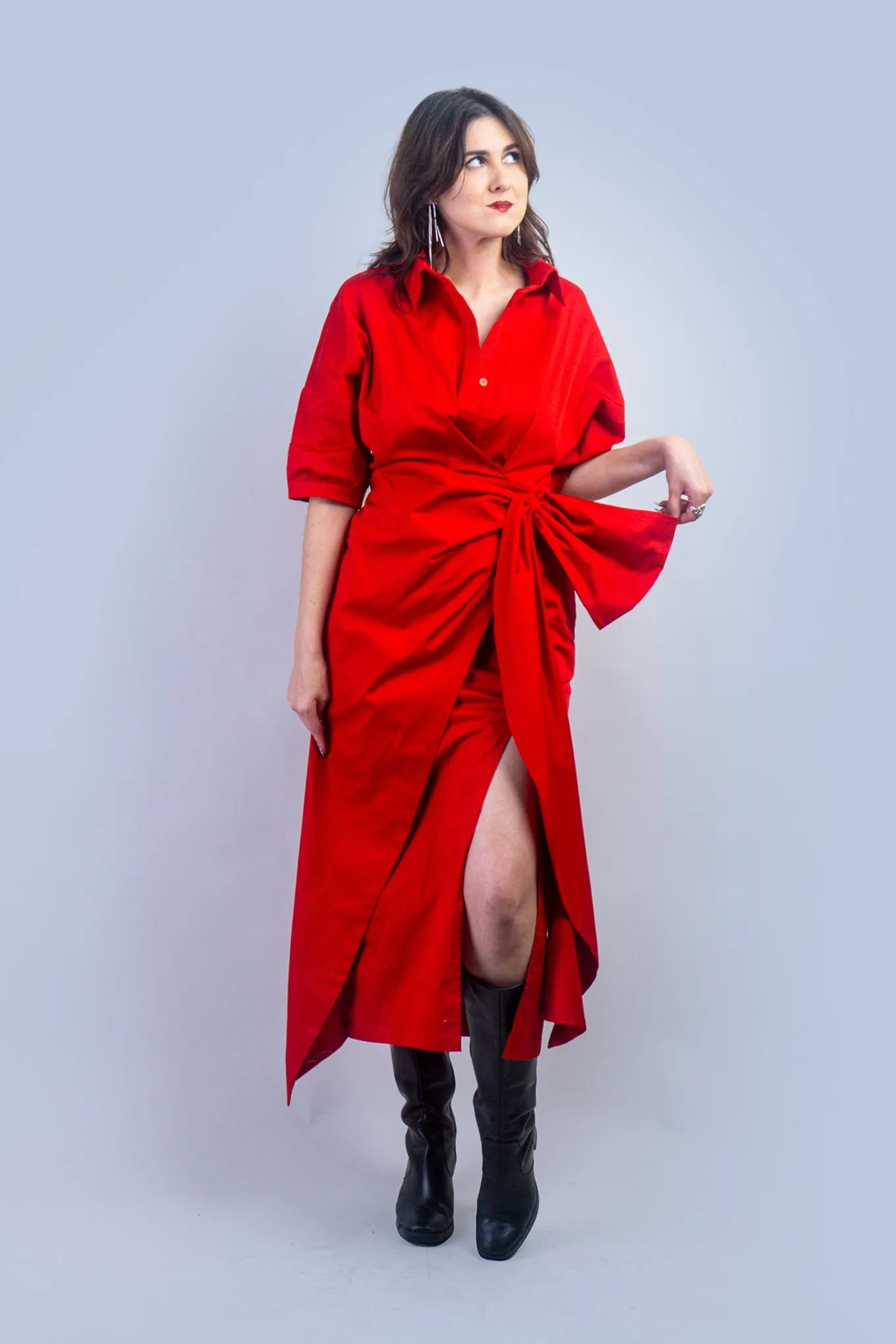 Red Cotton Side Tie Shirt Dress