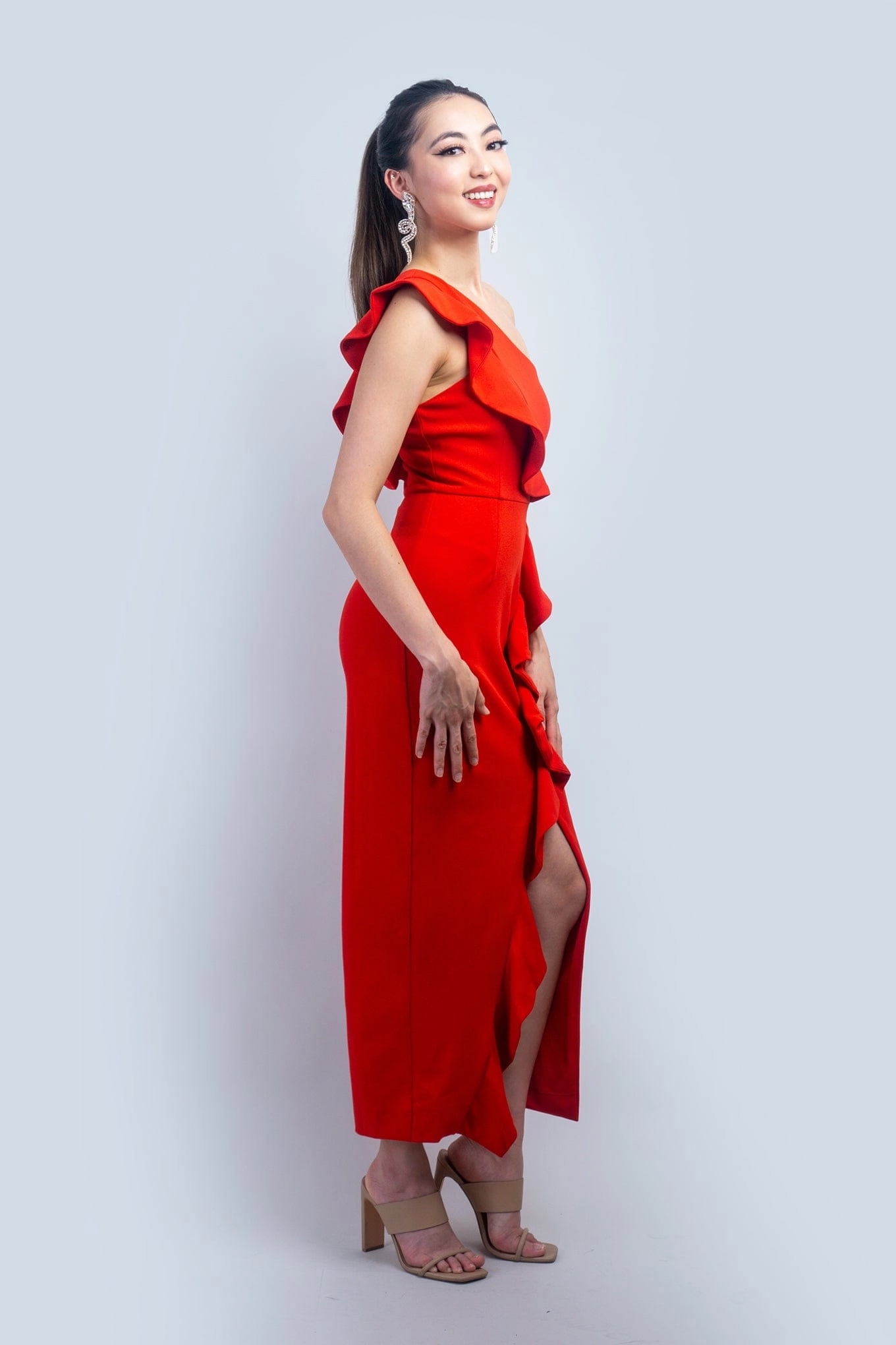 Red One Shoulder Ruffle Midi Dress