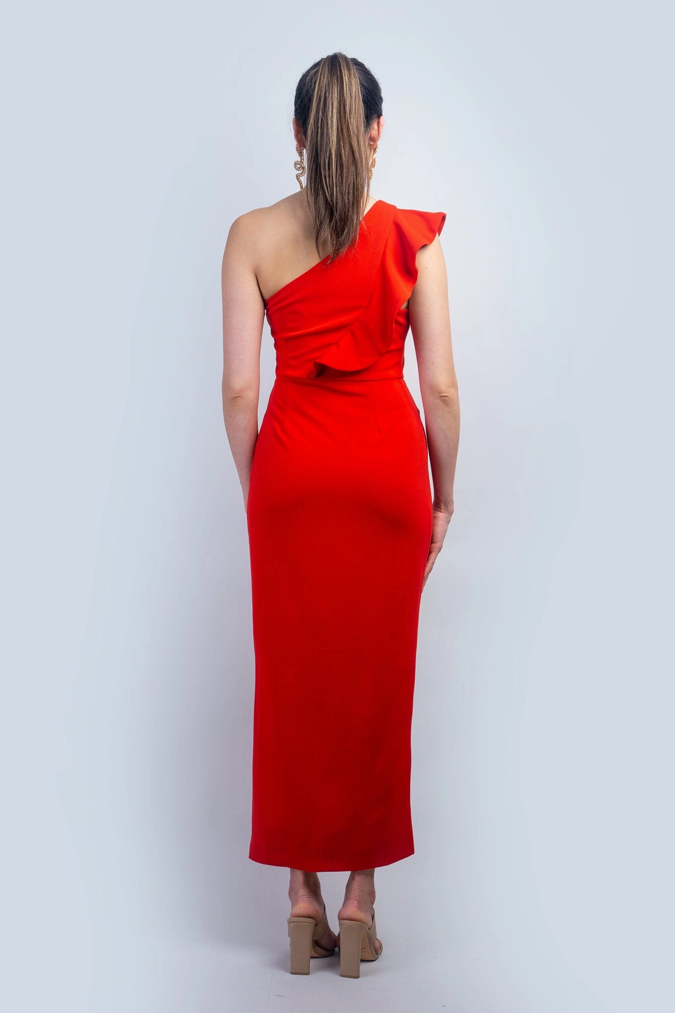Red One Shoulder Ruffle Midi Dress