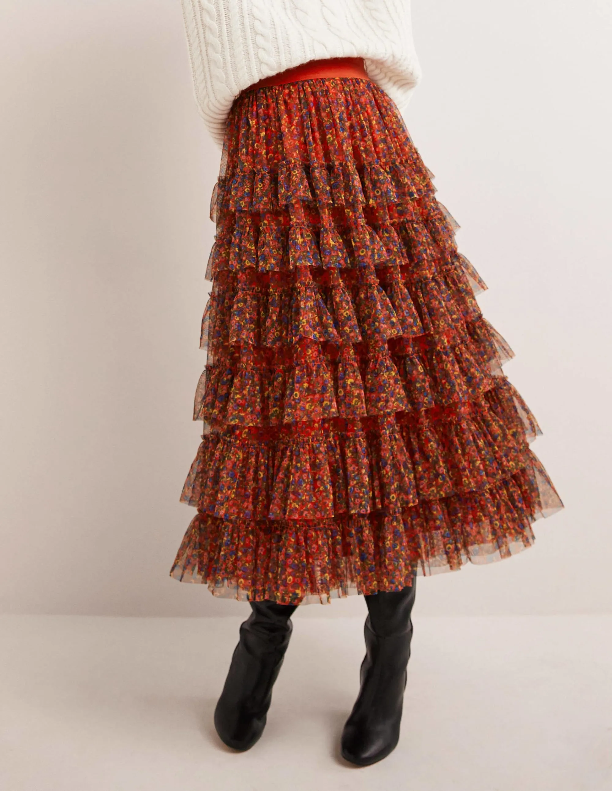 Ruffle Tulle Midi Skirt-Rocket Red. Floral Terrace