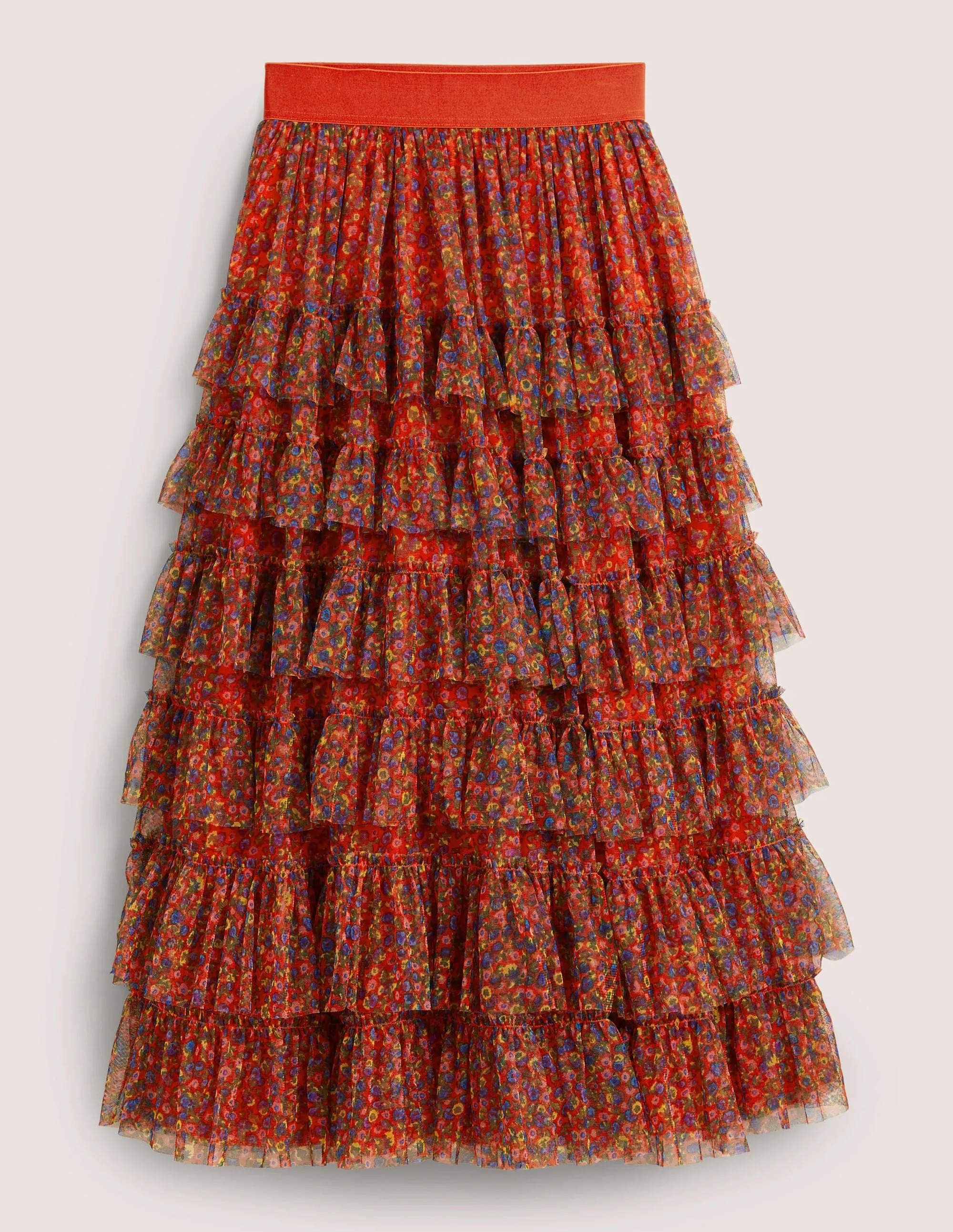 Ruffle Tulle Midi Skirt-Rocket Red. Floral Terrace