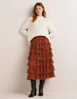 Ruffle Tulle Midi Skirt-Rocket Red. Floral Terrace