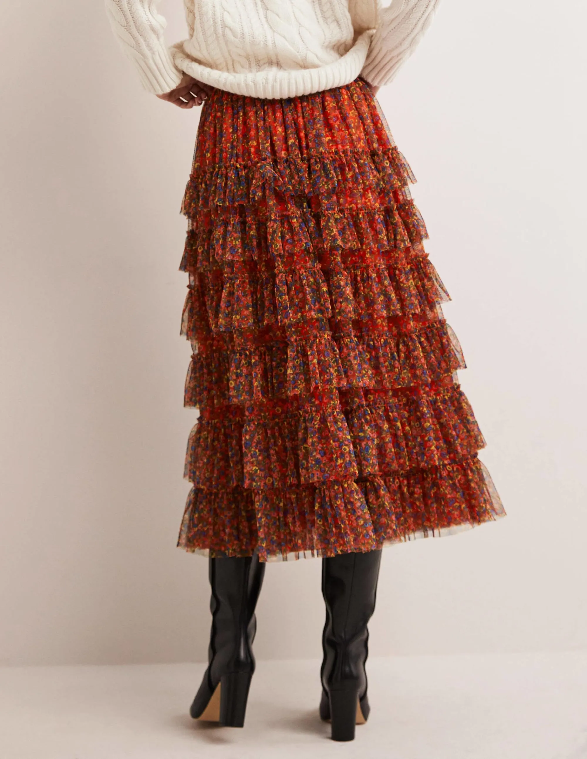 Ruffle Tulle Midi Skirt-Rocket Red. Floral Terrace