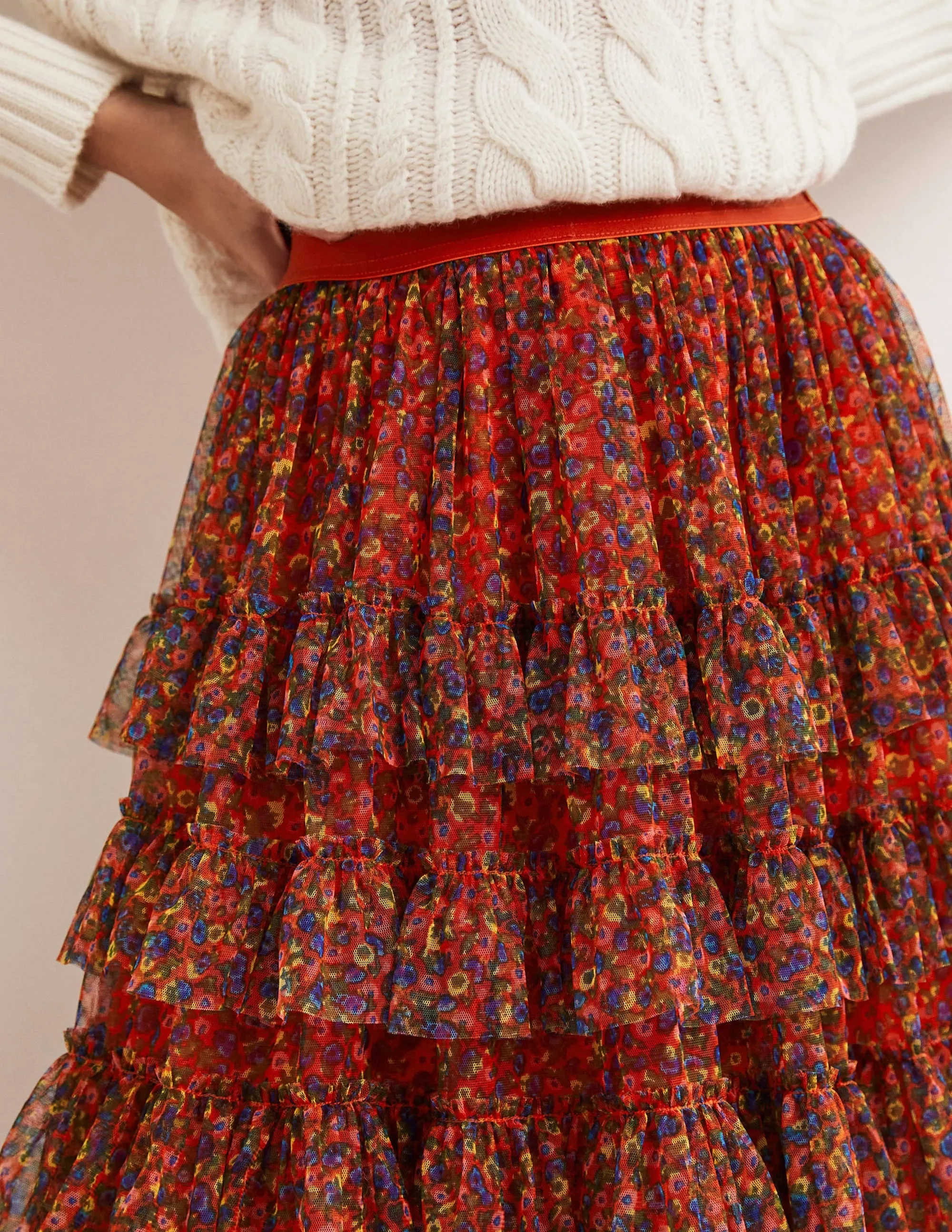 Ruffle Tulle Midi Skirt-Rocket Red. Floral Terrace