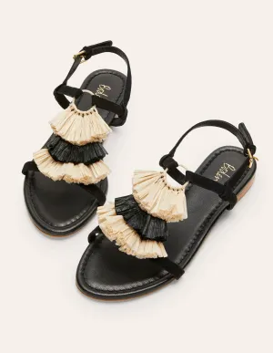 Sarah Fringe Flat Sandals-Black
